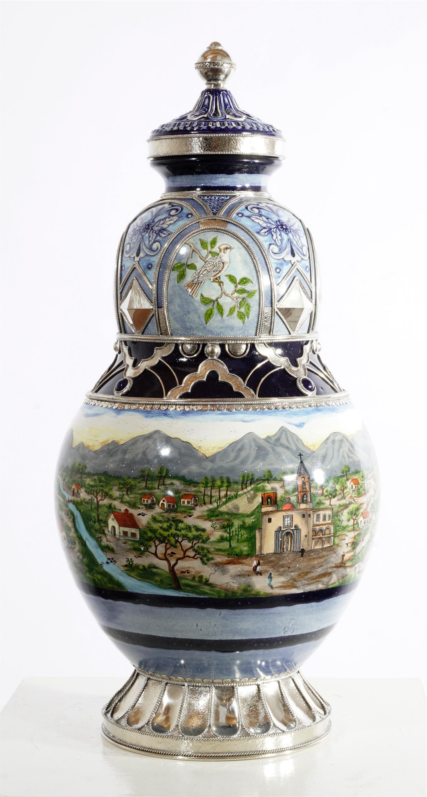 Glazed Mexican Landscape Jar Ceramic and White Metal ‘Alpaca’, One of a Kind
