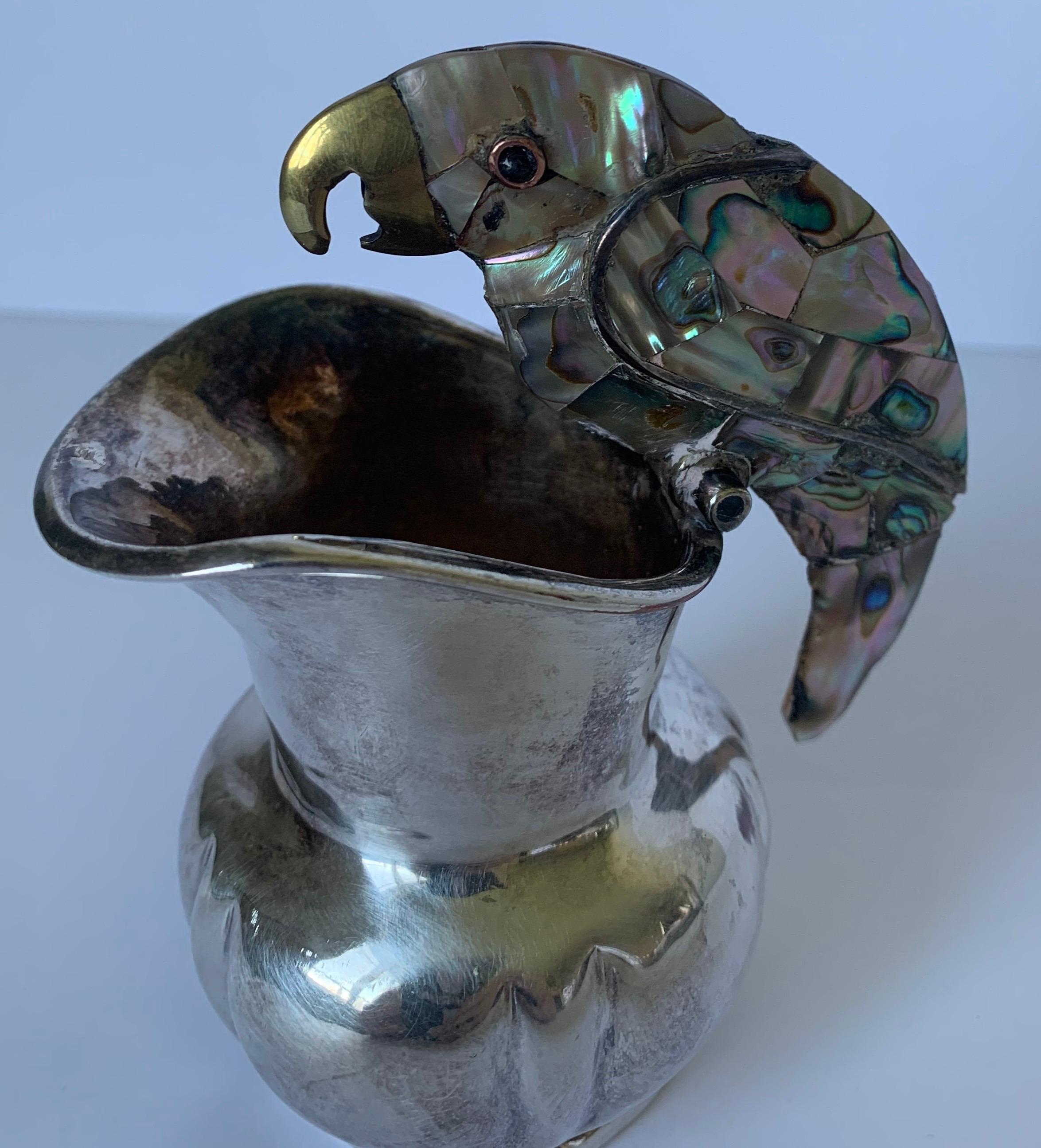 Los Castillo Parrot Silver and Abalone Creamer In Good Condition In Stamford, CT