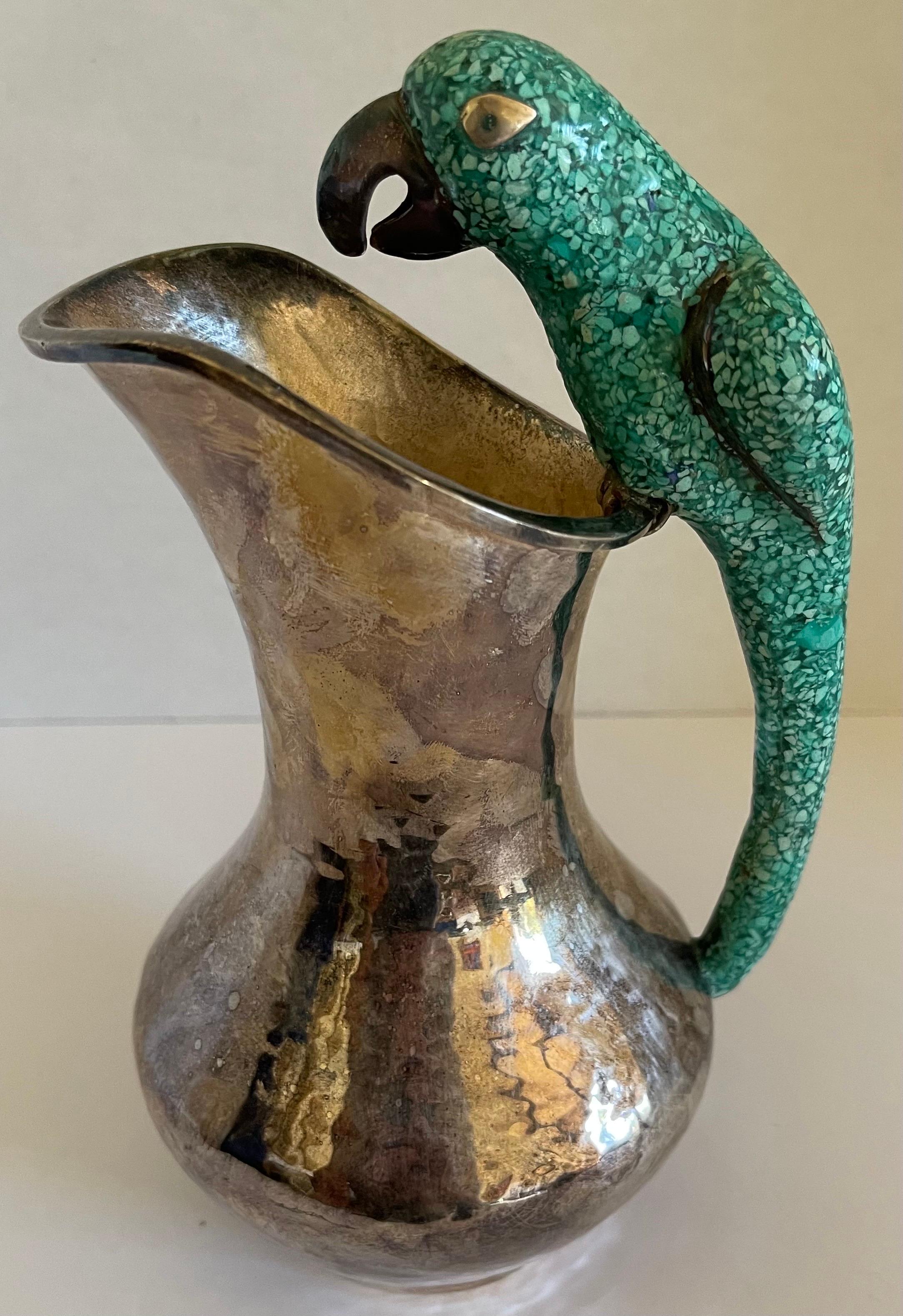 Mexican Los Castillo Style Parrot Handle & Silver Pitcher In Good Condition For Sale In Stamford, CT