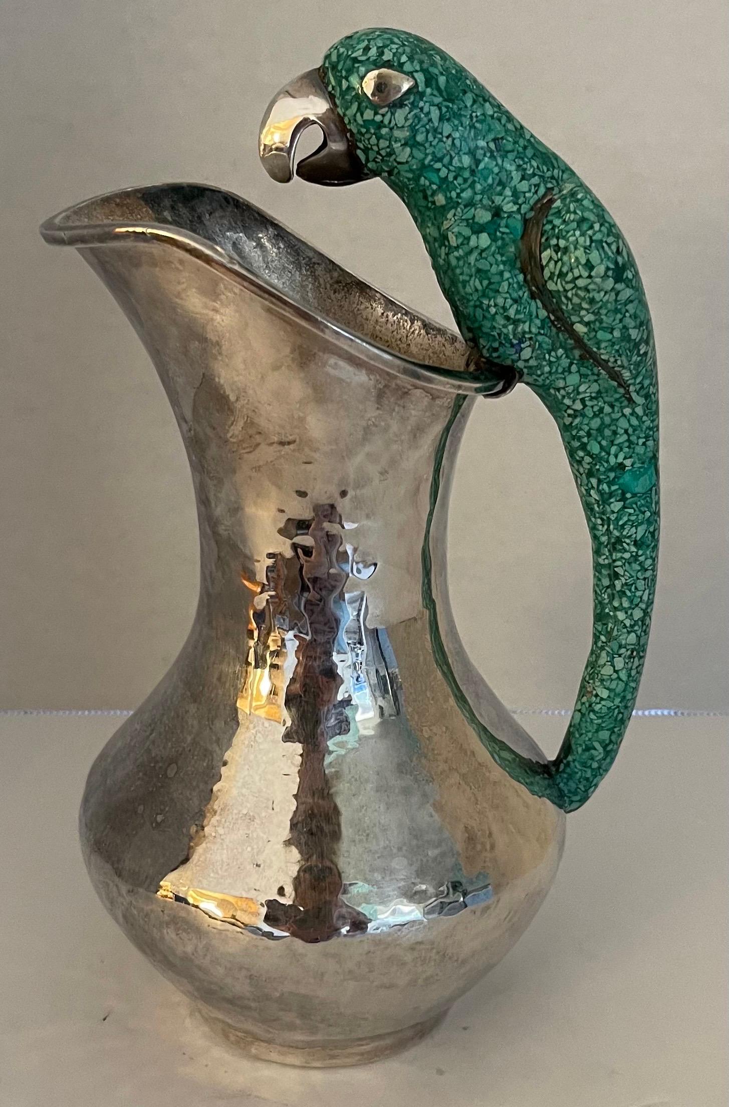 20th Century Mexican Los Castillo Style Parrot Handle & Silver Pitcher For Sale