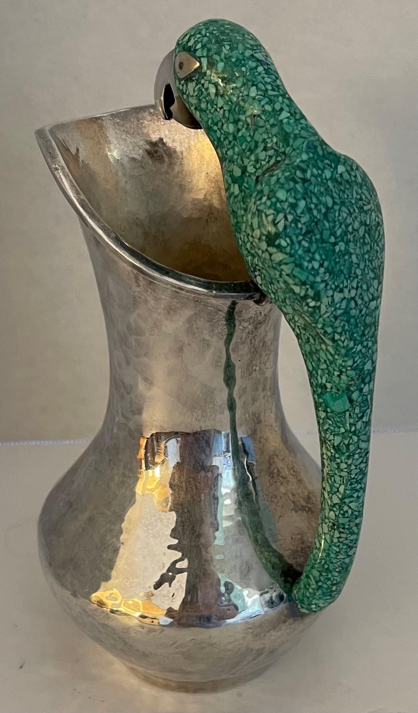 Silver Plate Mexican Los Castillo Style Parrot Handle & Silver Pitcher For Sale