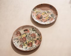 Mexican Majolica Ceramic 2 Plate Set Handmade Mid-Century Modern Clay Red White