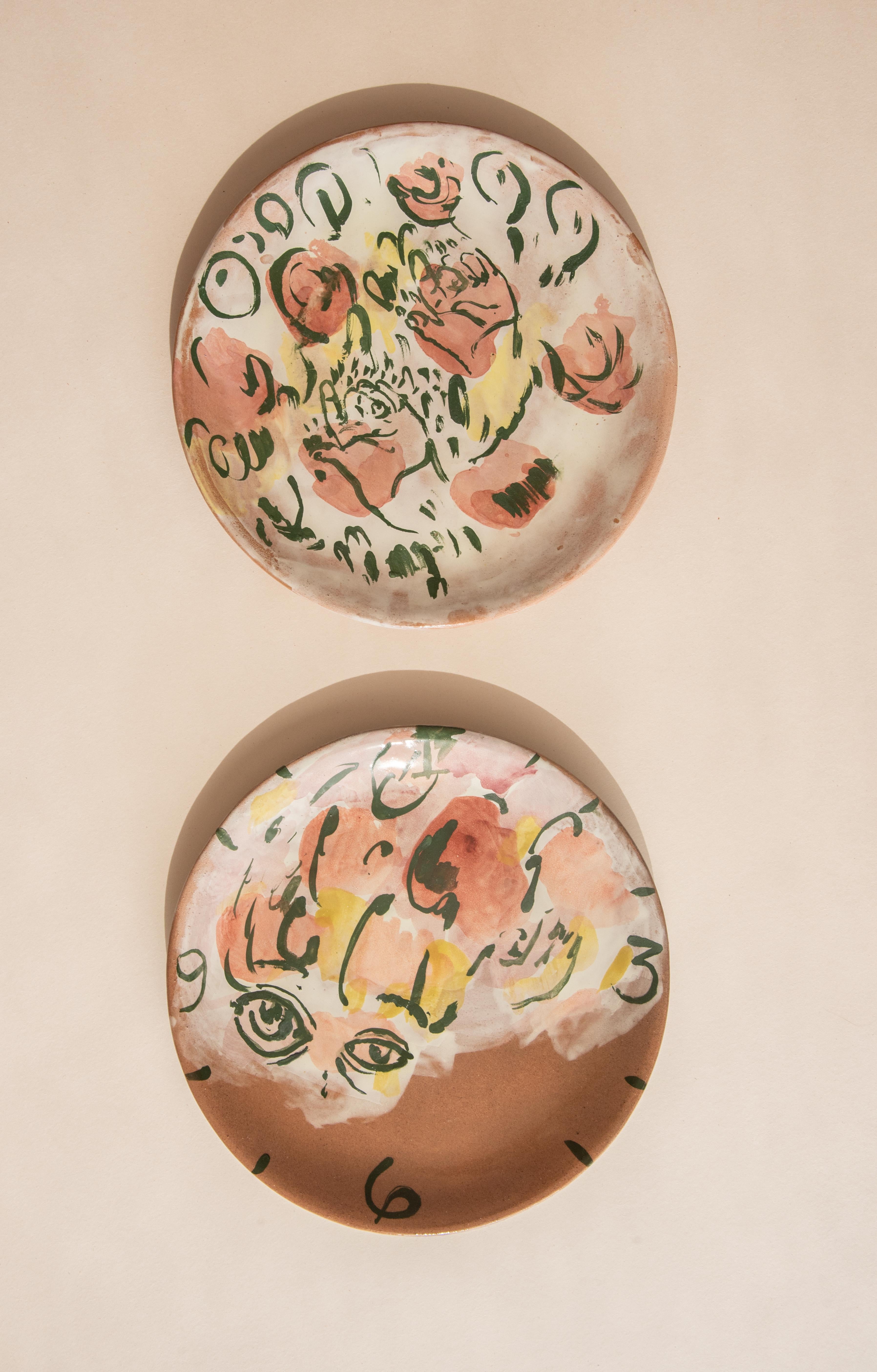 Mexican Majolica Ceramic 2 Plate Set Handmade Mid-Century Modern Clay Red White (Moderne der Mitte des Jahrhunderts)