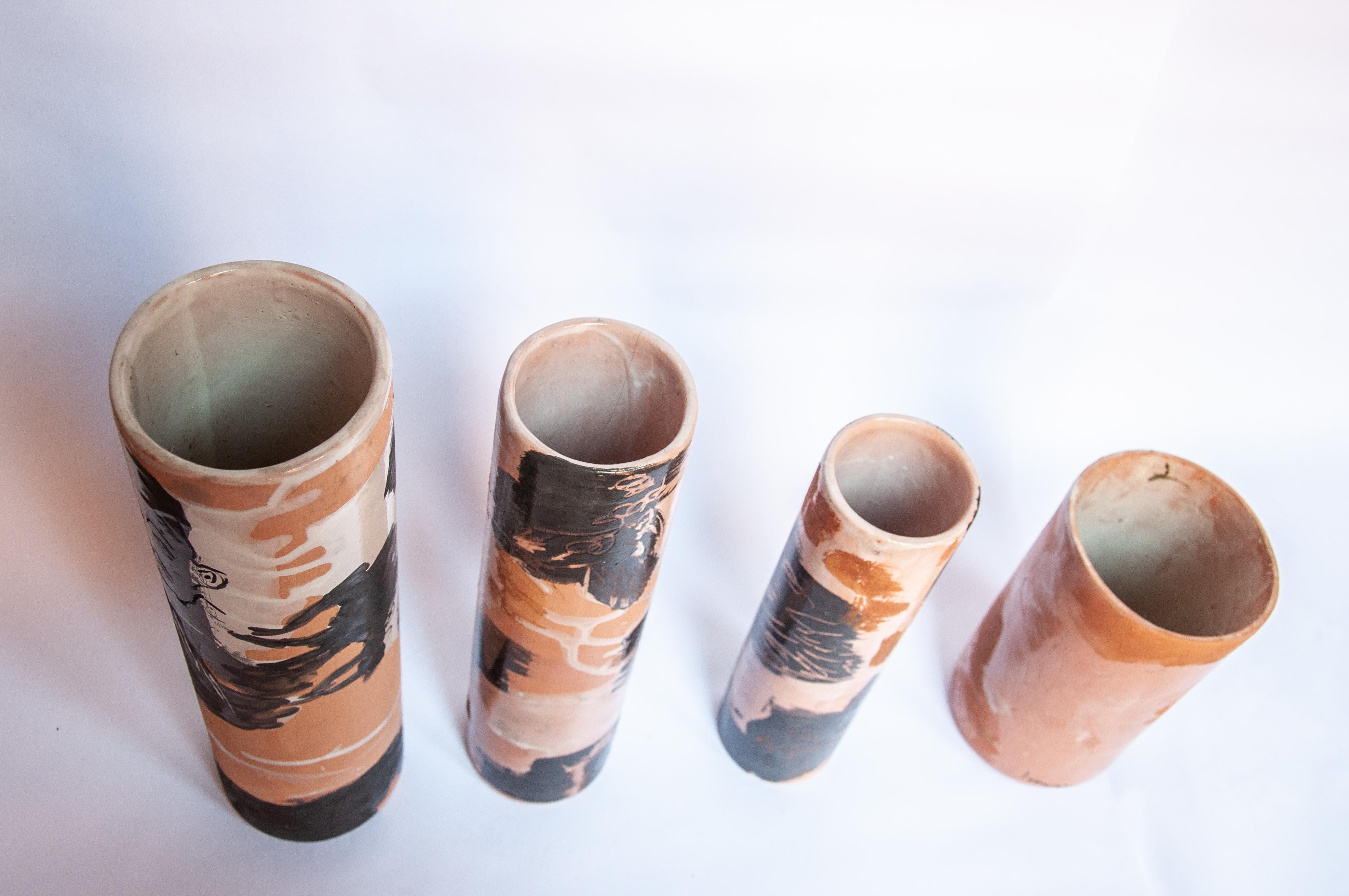 Enameled Mexican Majolica Ceramic Vase Set Handmade Mid-Century Modern Clay Abstract