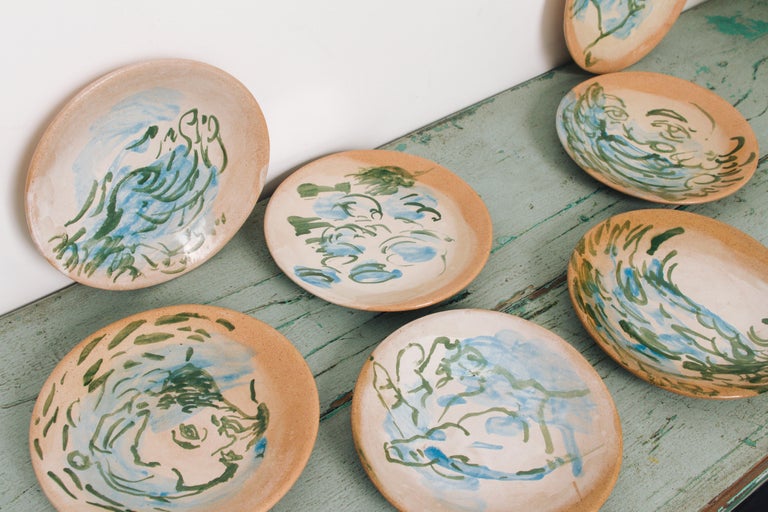 Mexican Majolica Pottery Plate Set Handmade MidCentury Modern Blue