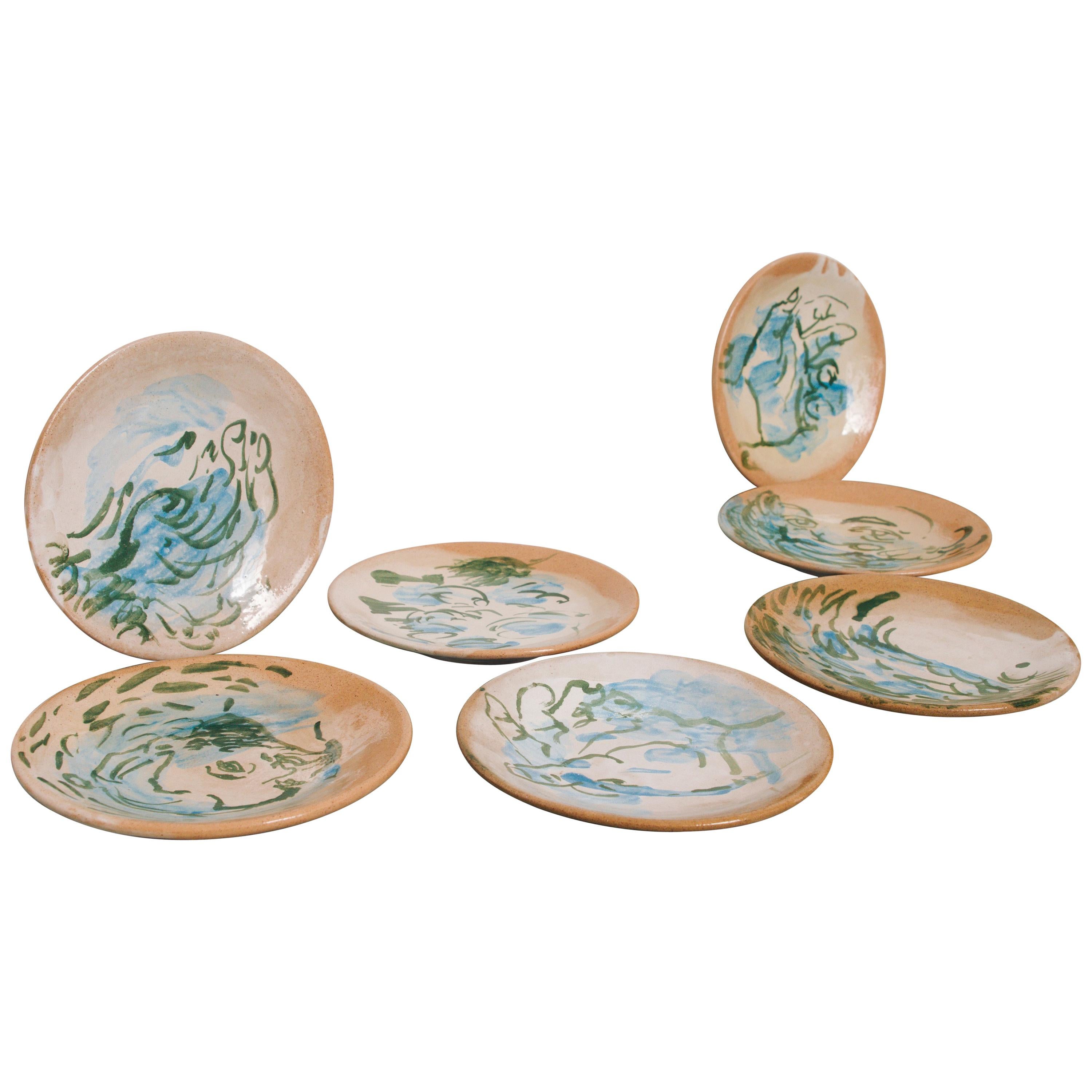 Mexican Majolica Pottery Plate Set Handmade Mid-Century Modern Blue Small Plates