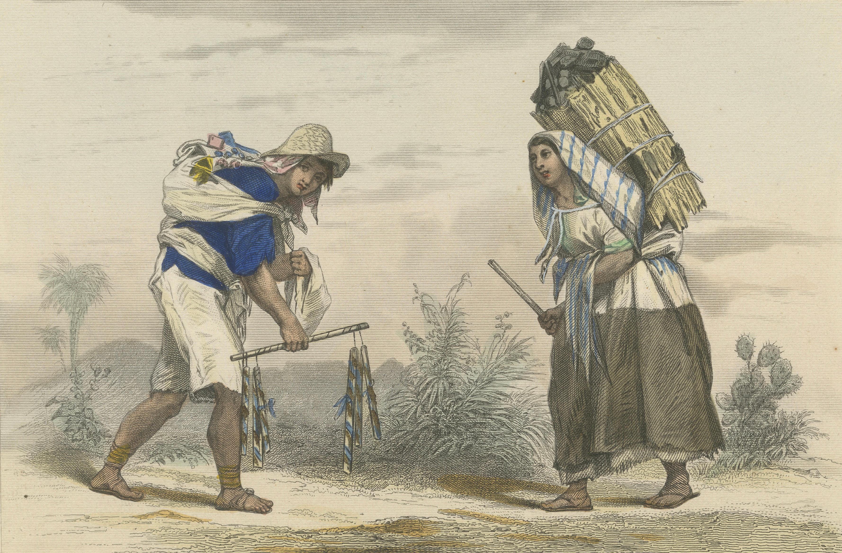 Mexican Market Indian and Firewood Seller, Hand-Colored Costume Print, 1865