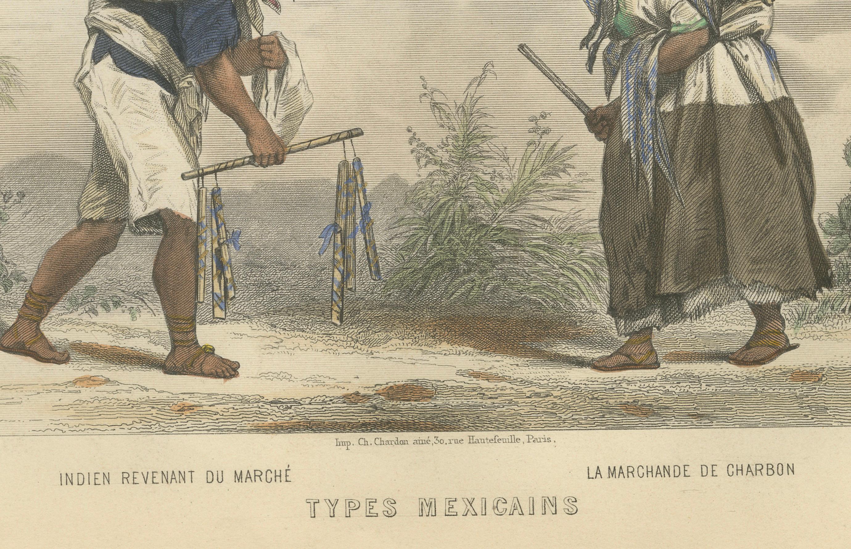 Mexikanischer Marktverkäufer und Holzkohleverkäufer - Handkolorierter Stich, 1867 (Französisch) im Angebot