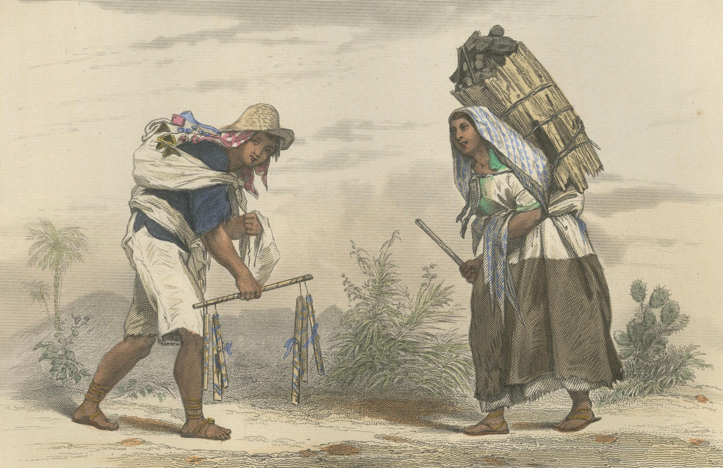 Mexikanischer Marktverkäufer und Holzkohleverkäufer - Handkolorierter Stich, 1867 (Graviert) im Angebot