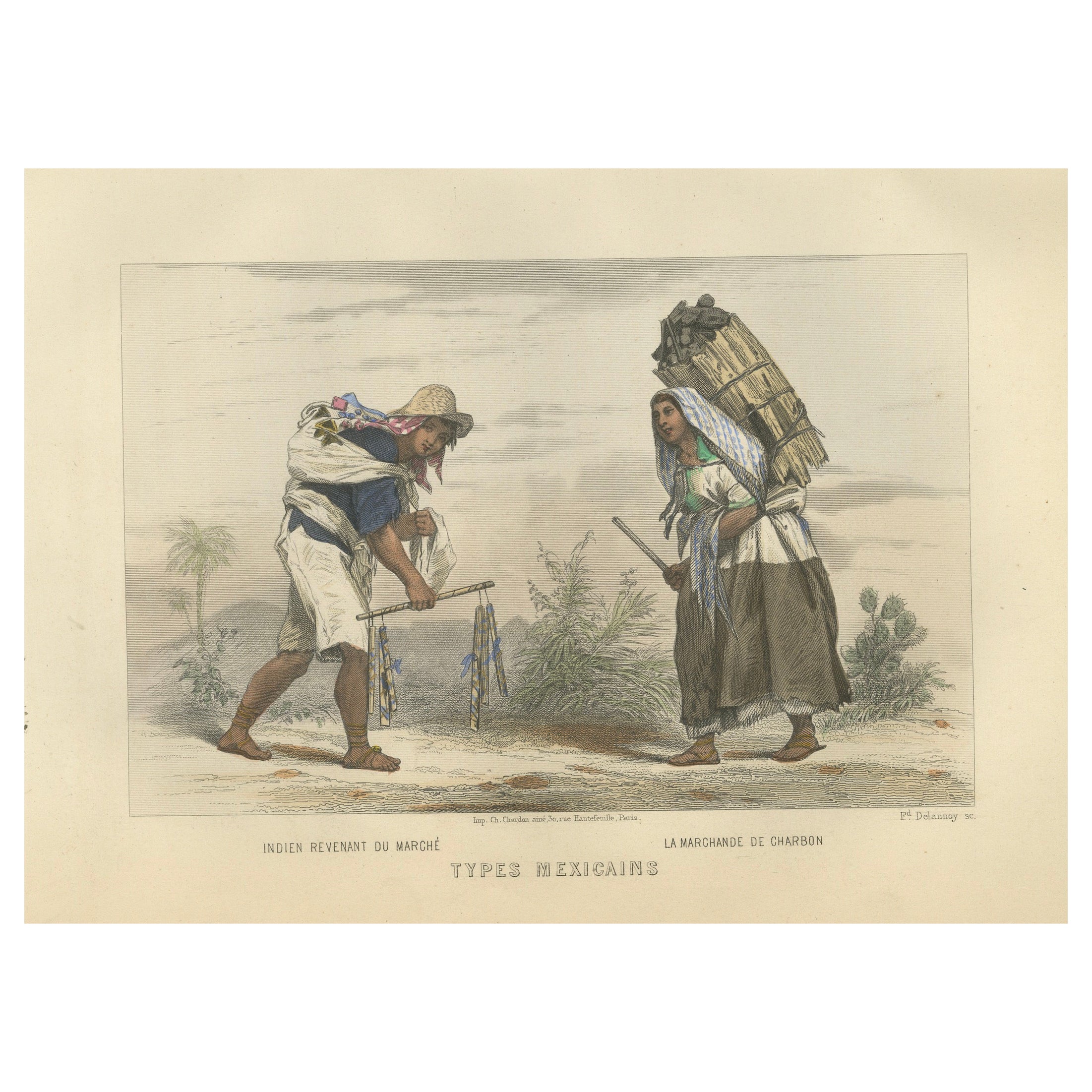 Mexikanischer Marktverkäufer und Holzkohleverkäufer - Handkolorierter Stich, 1867