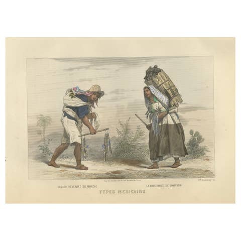 Mexican Market Vendor and Charcoal Seller – Hand-Colored Engraving, 1867