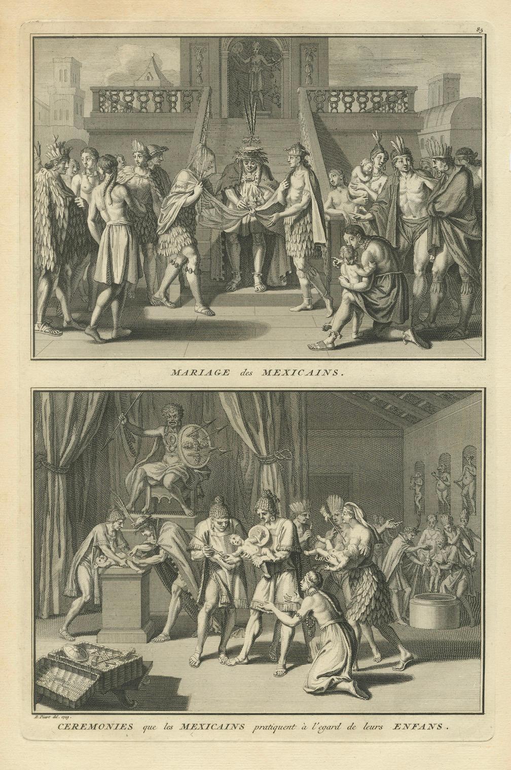 Título: Rituales matrimoniales e infantiles entre los mexicanos, Grabado de 1734

Descripción: Este grabado en cobre del siglo XVIII, publicado en 1723 y ricamente detallado, ofrece una fascinante ventana a las prácticas ceremoniales indígenas del
