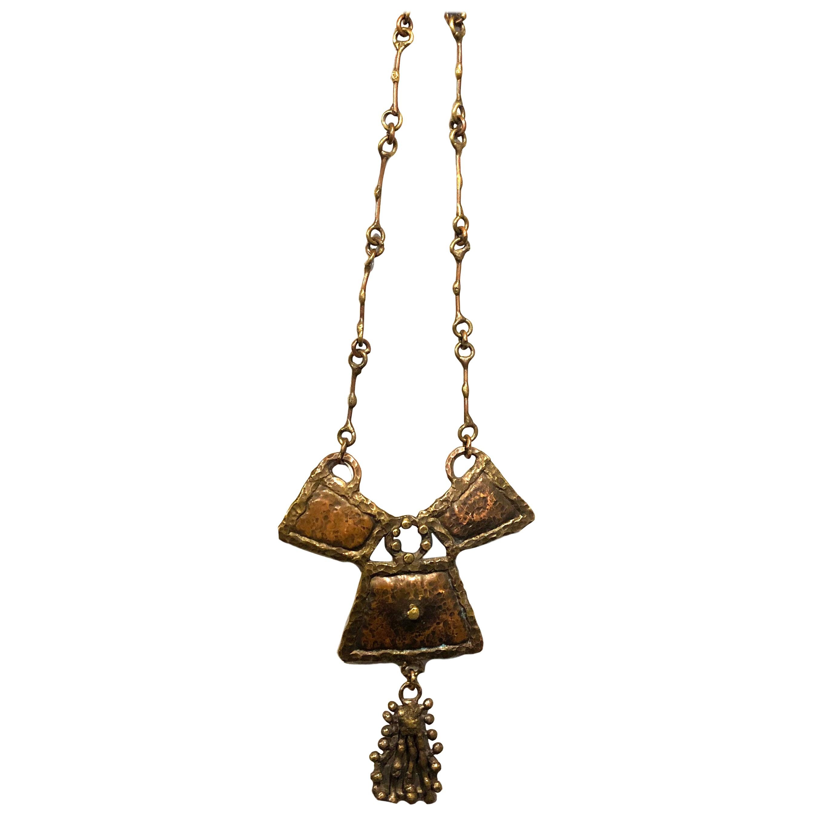 Mexican MCM Brass Brutalist Necklace in the Style of Pal Kepenyes For Sale