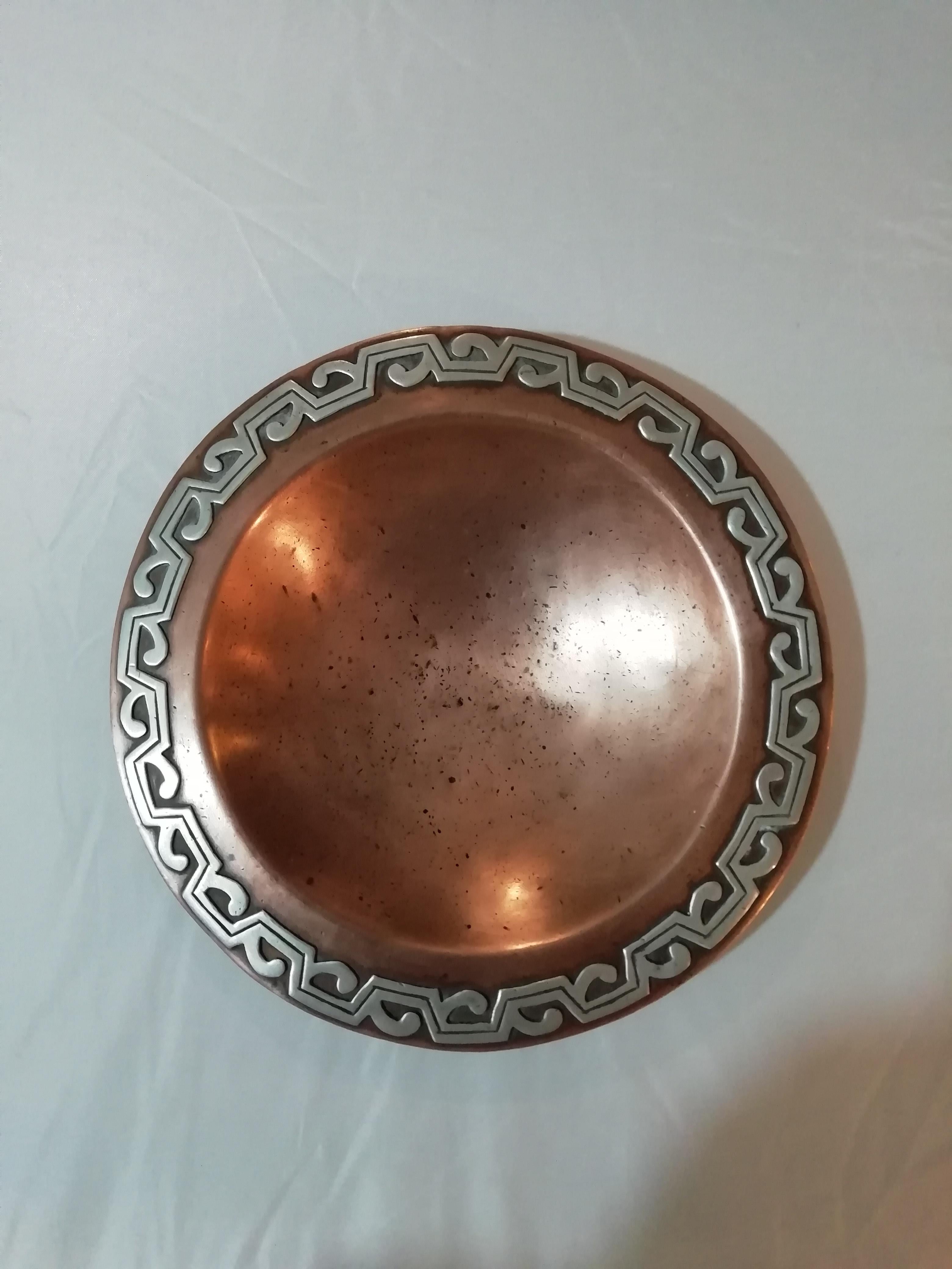 Mid-Century Modern Mexican MCM Copper with Sterling Silver Overlay Plate by Victoria, Taxco