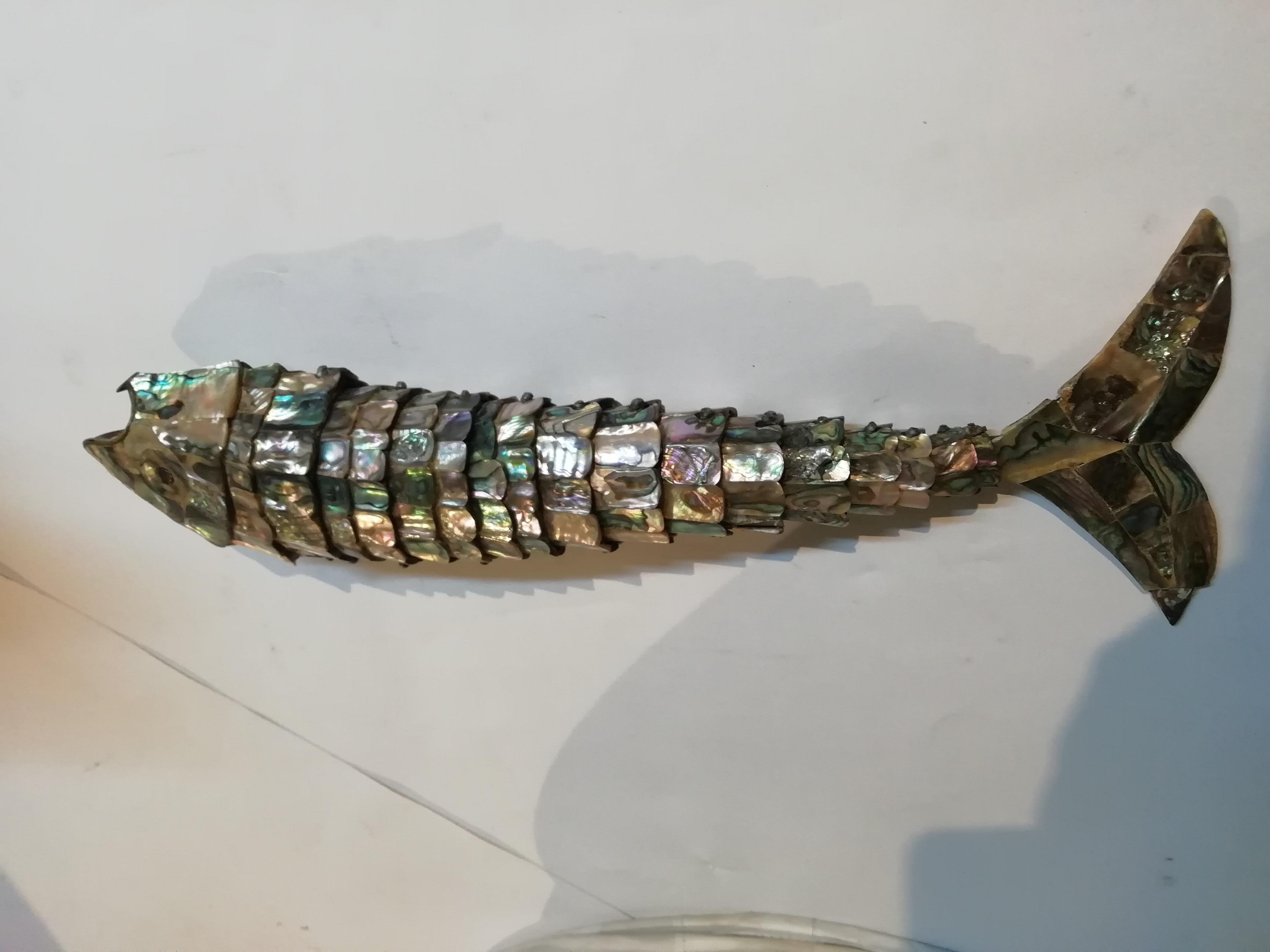 Mexican Mid-Century Modern abalone shell and brass articulated fish by Los Castillo. Taxco, México.