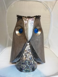 Mexican MCM Los Castillo Owl Shaped Silver Plate and Abalone Shell Pitcher