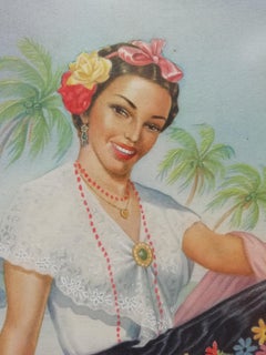 Mexican MCM Veracruz Woman Painting, Watercolor on Paper