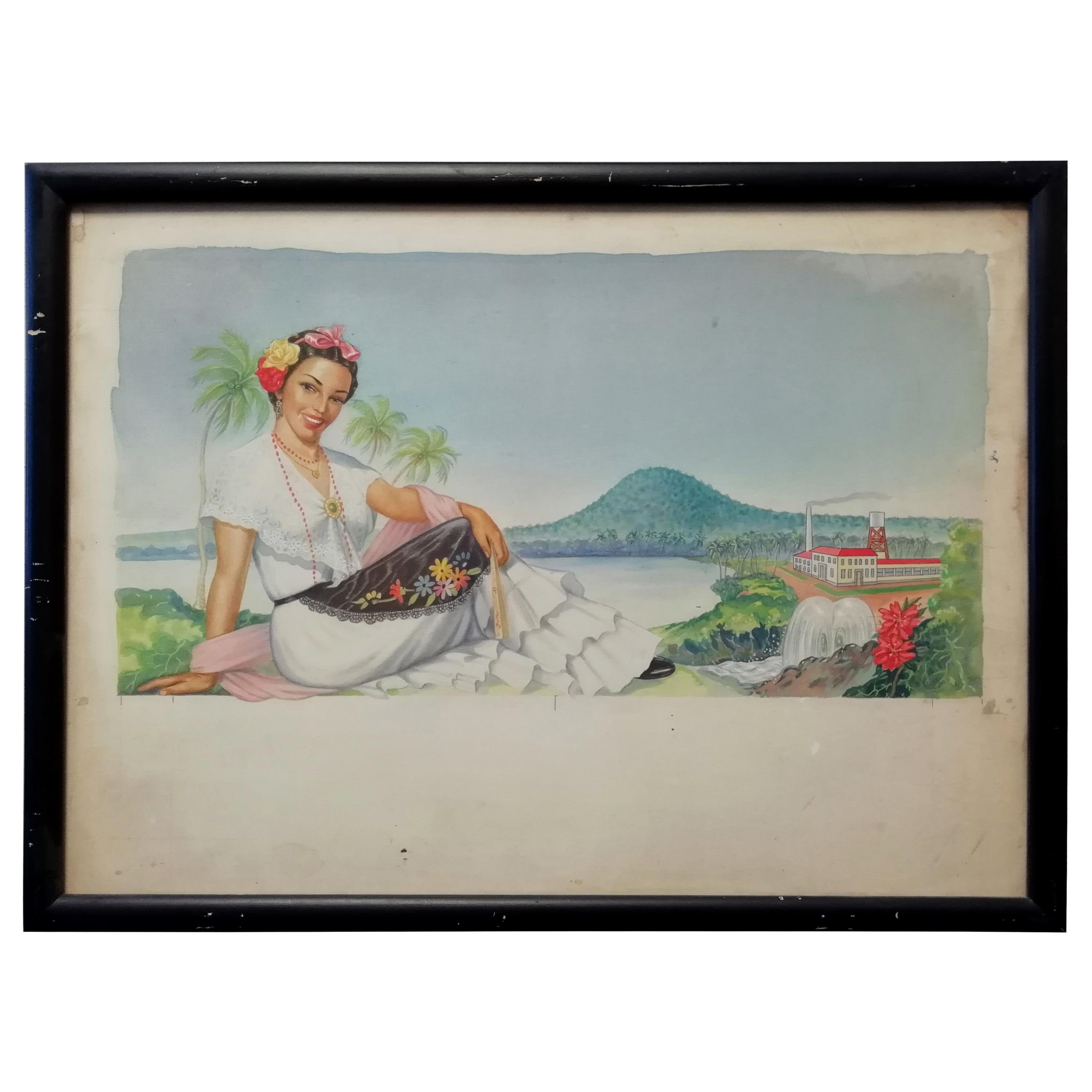 Mexican MCM Veracruz Woman Painting, Watercolor on Paper