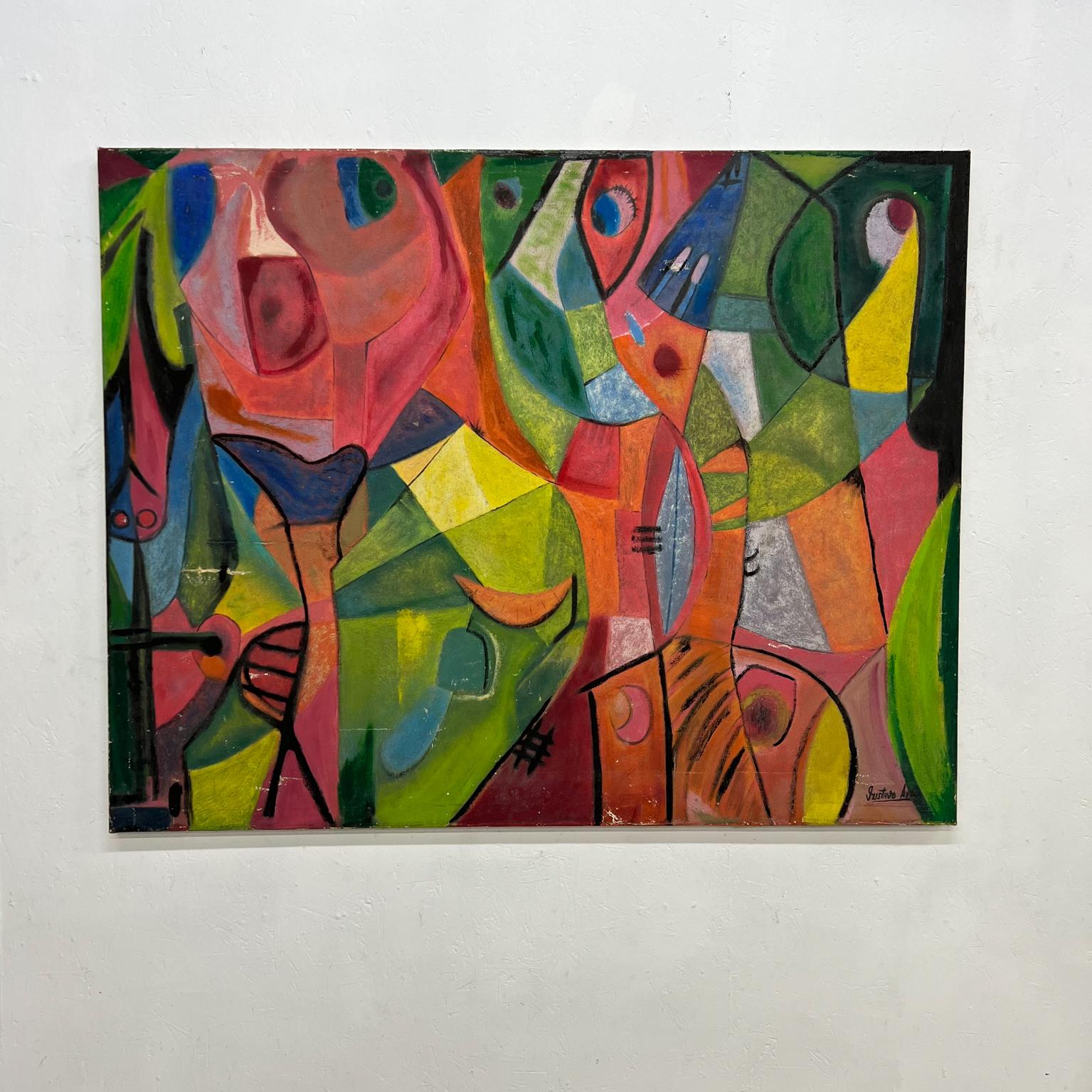 Mexican modern mid 20th century abstract art style of Pedro Coronel
Colorful Oil on Canvas painting
signed Gustavo.
Unable to read last name of artist.
55 x 43.5 x 1 thick.
Preowned original vintage unrestored condition.
Review all images provided.