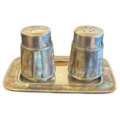 Mexican Mid Century Alpaca & Abalone shell salt & Pepper Shakers Rare