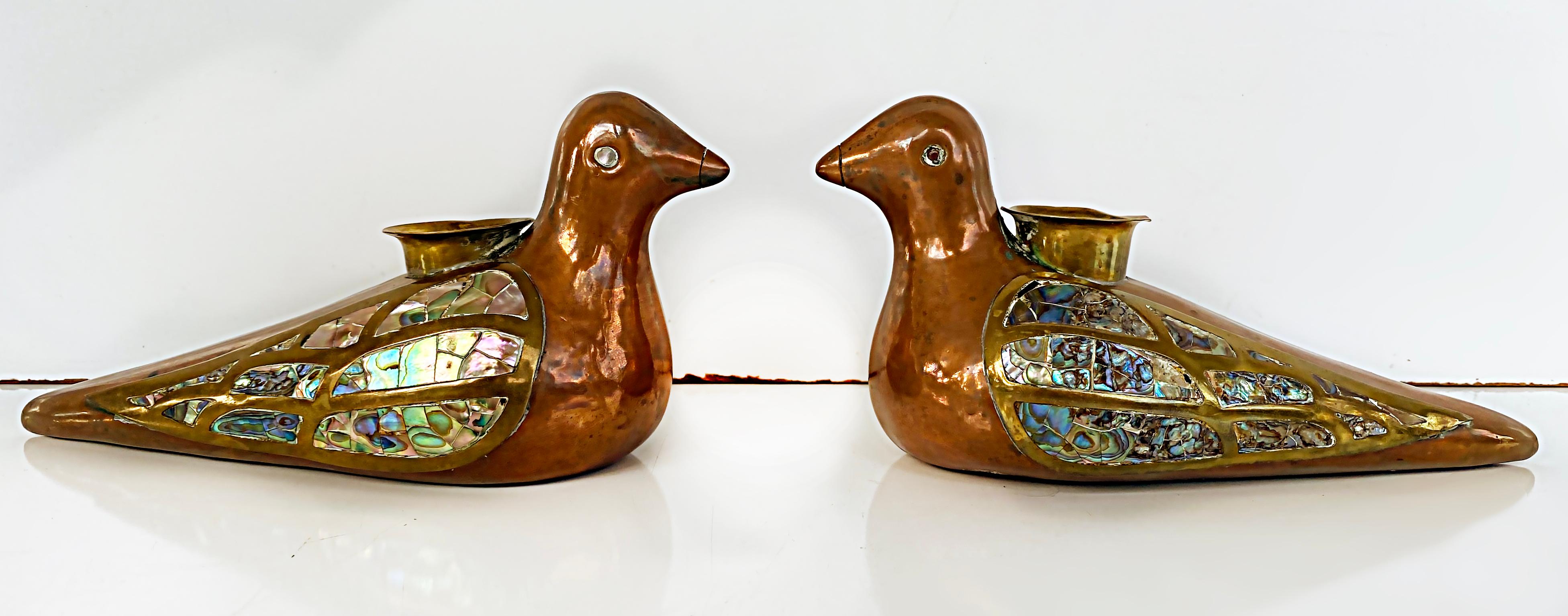 Mid-Century Modern Mexican Mid-century Brass Copper Abalone Bird Candlesticks, Pair