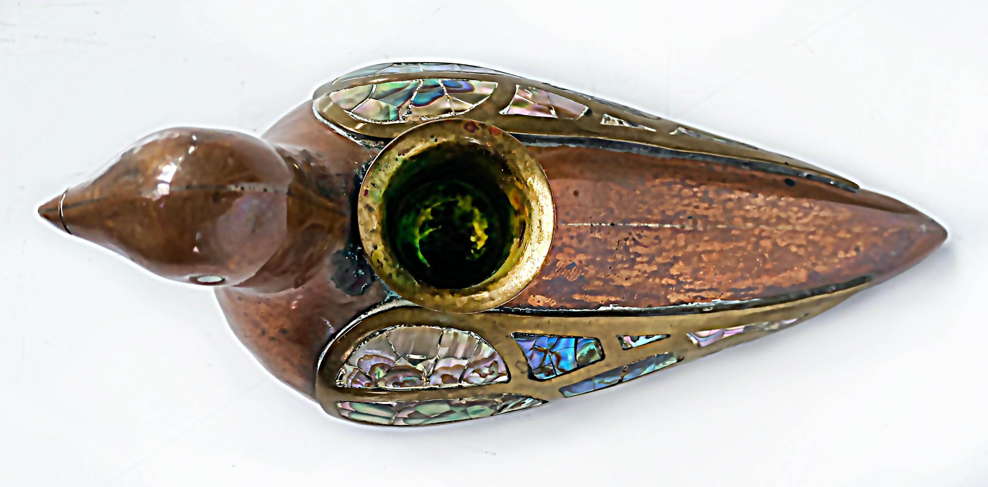 20th Century Mexican Mid-century Brass Copper Abalone Bird Candlesticks, Pair