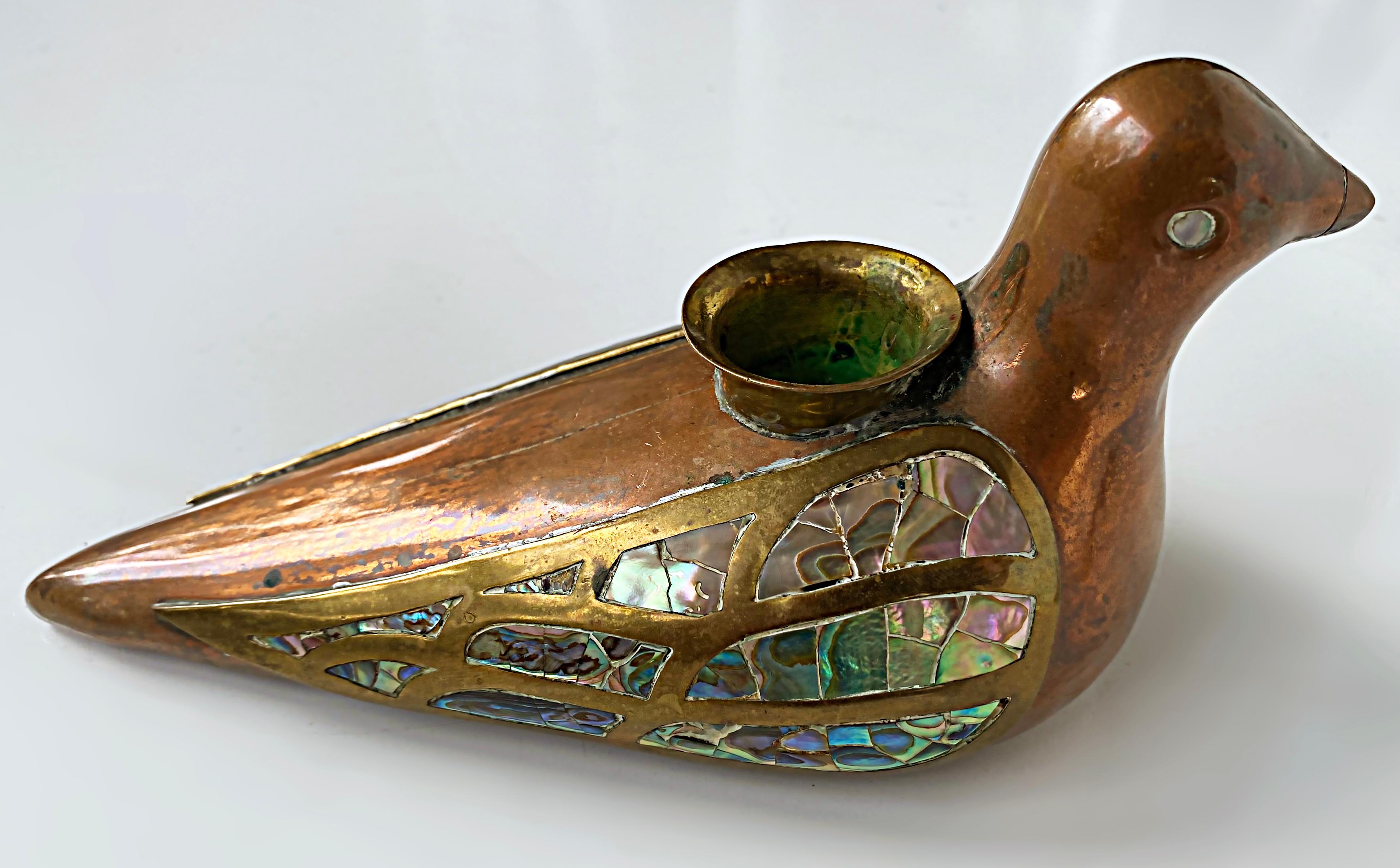 Mexican Mid-century Brass Copper Abalone Bird Candlesticks, Pair 1