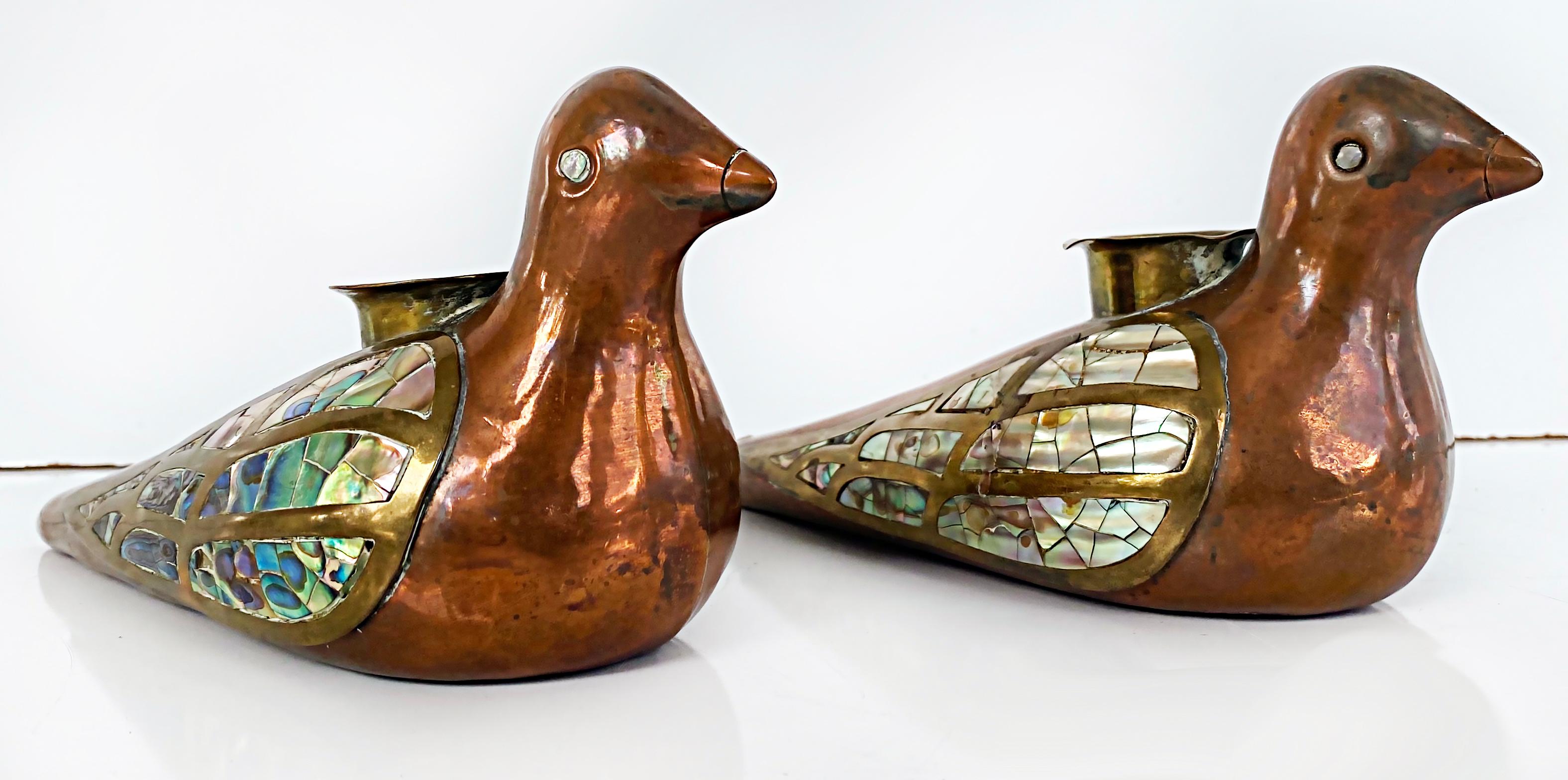 Mexican Mid-century Brass Copper Abalone Bird Candlesticks, Pair 3