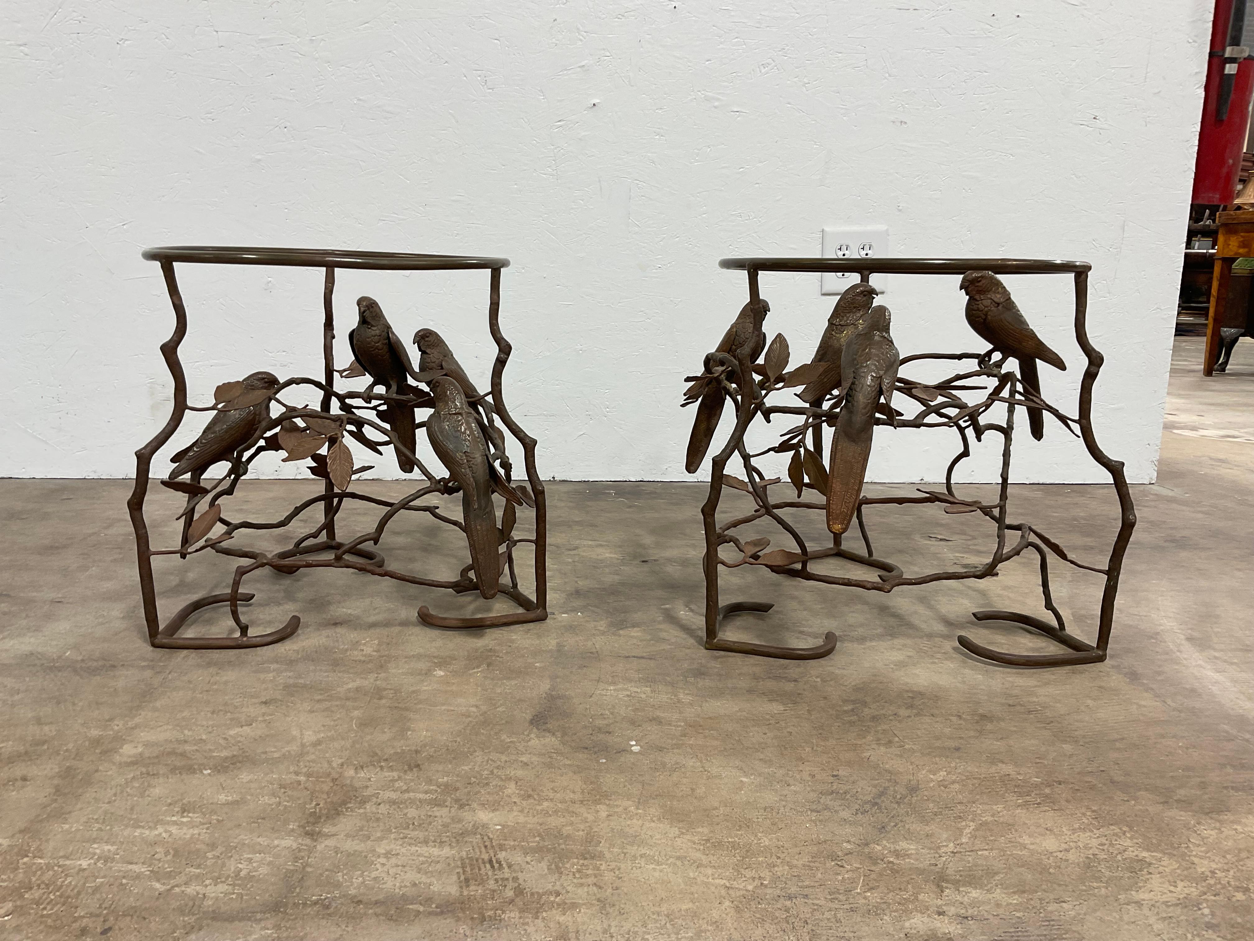 Most unusual pair of handmade brass tables with vines, leaves and parrots. Dating from the late 60s, these tables were bought in Mexico. Original patina to the brass( which could be polished). In the naturalistic style,  reminiscent of Alberto