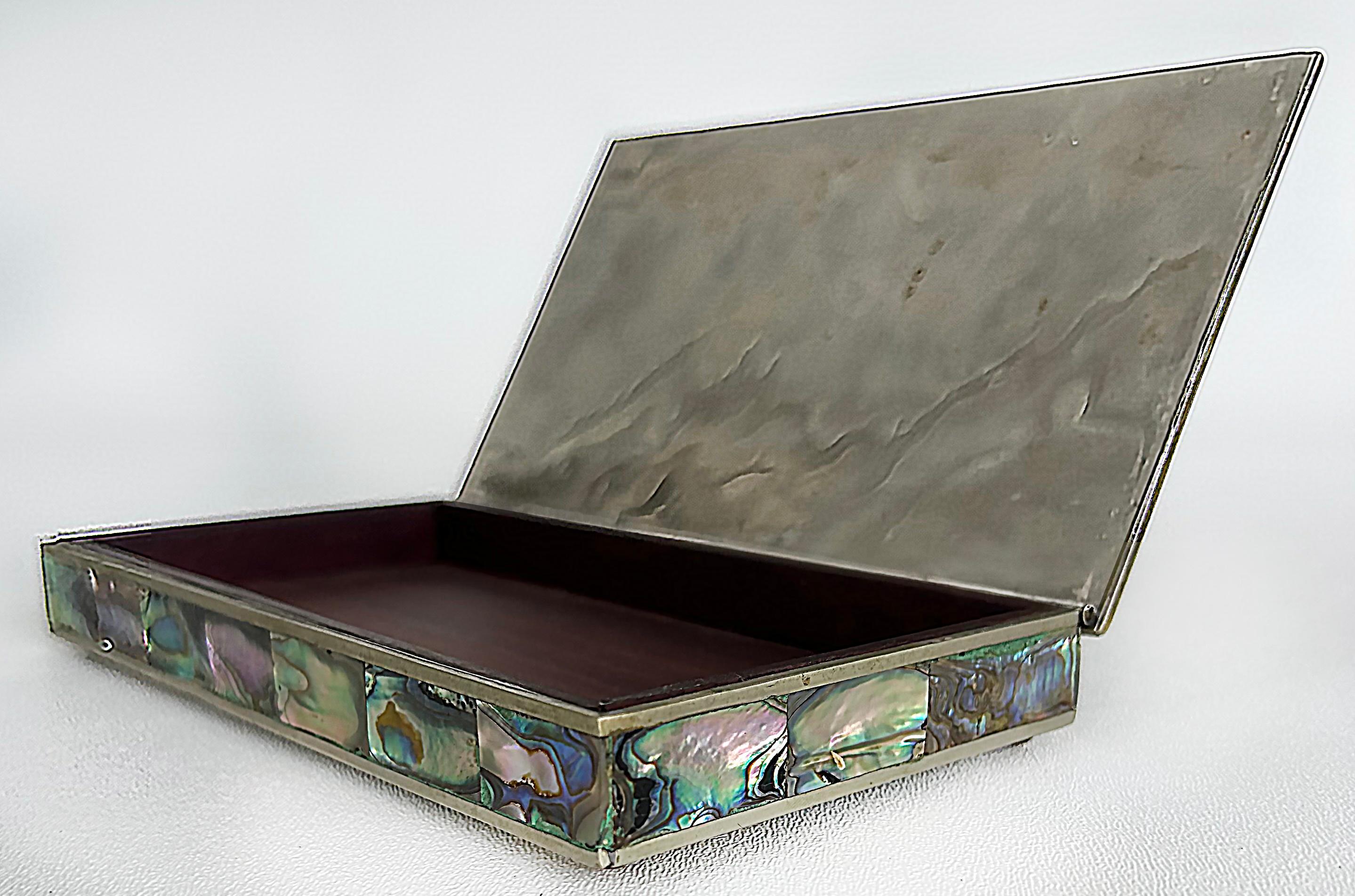 Mexican Mid-Century Modern Abalone Shell Box, Alpaca Silver For Sale 1