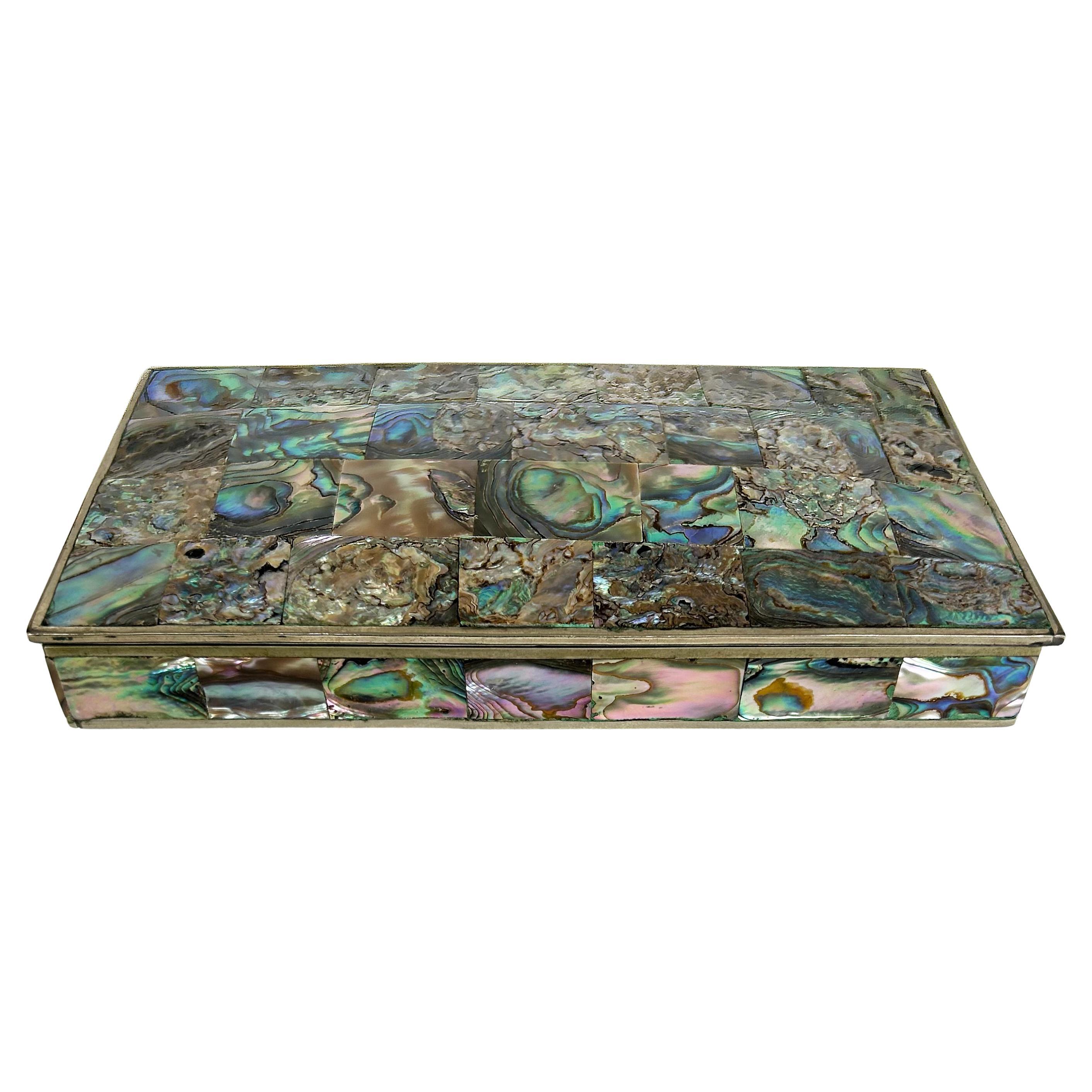 Mexican Mid-Century Modern Abalone Shell Box, Alpaca Silver For Sale