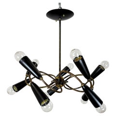 Mexican Mid-Century Modern Brass Chandelier with Black Shades and Original Patin