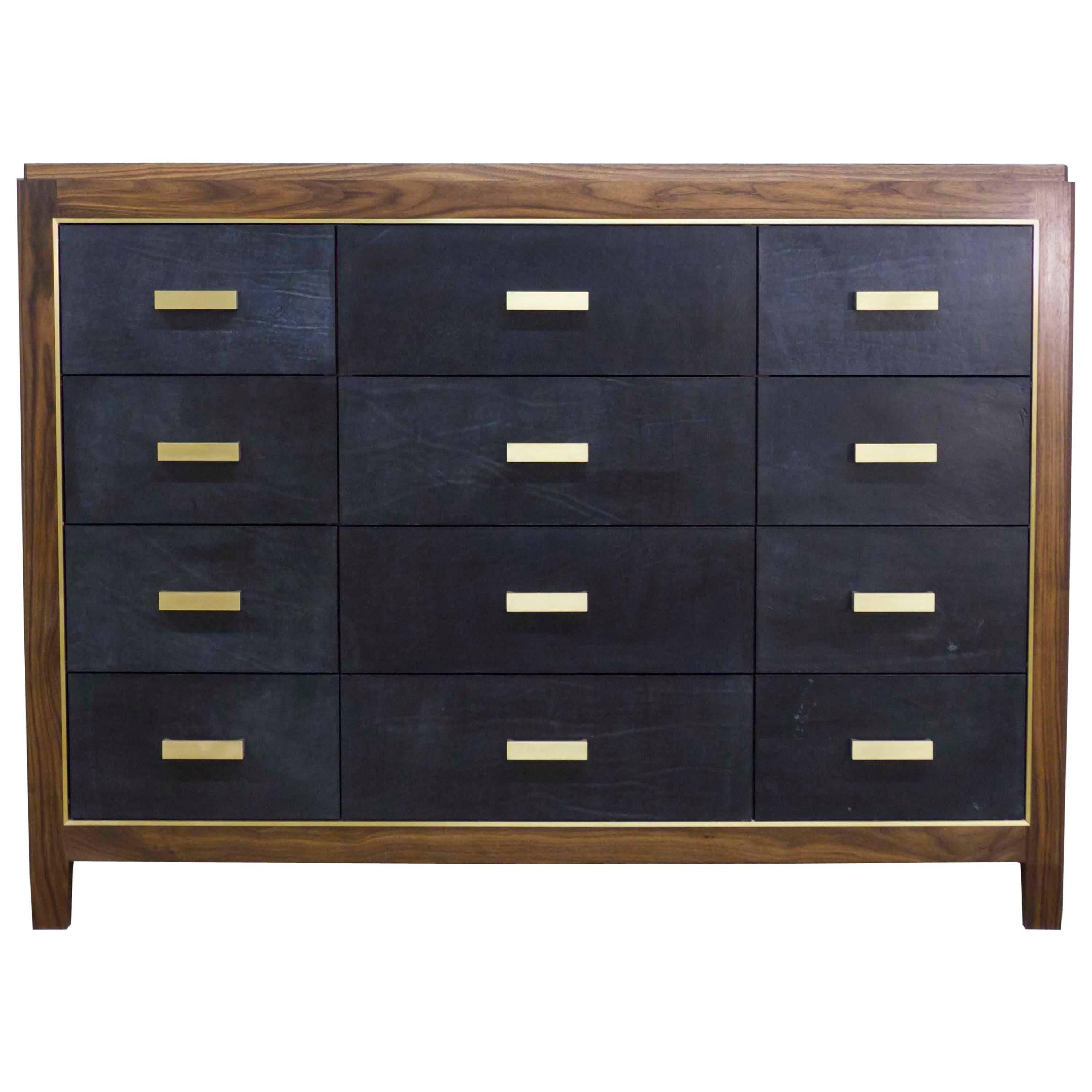 Mexican Mid-Century Modern Inspired Abuelo Bureau 12-Drawer in Walnut & Leather For Sale