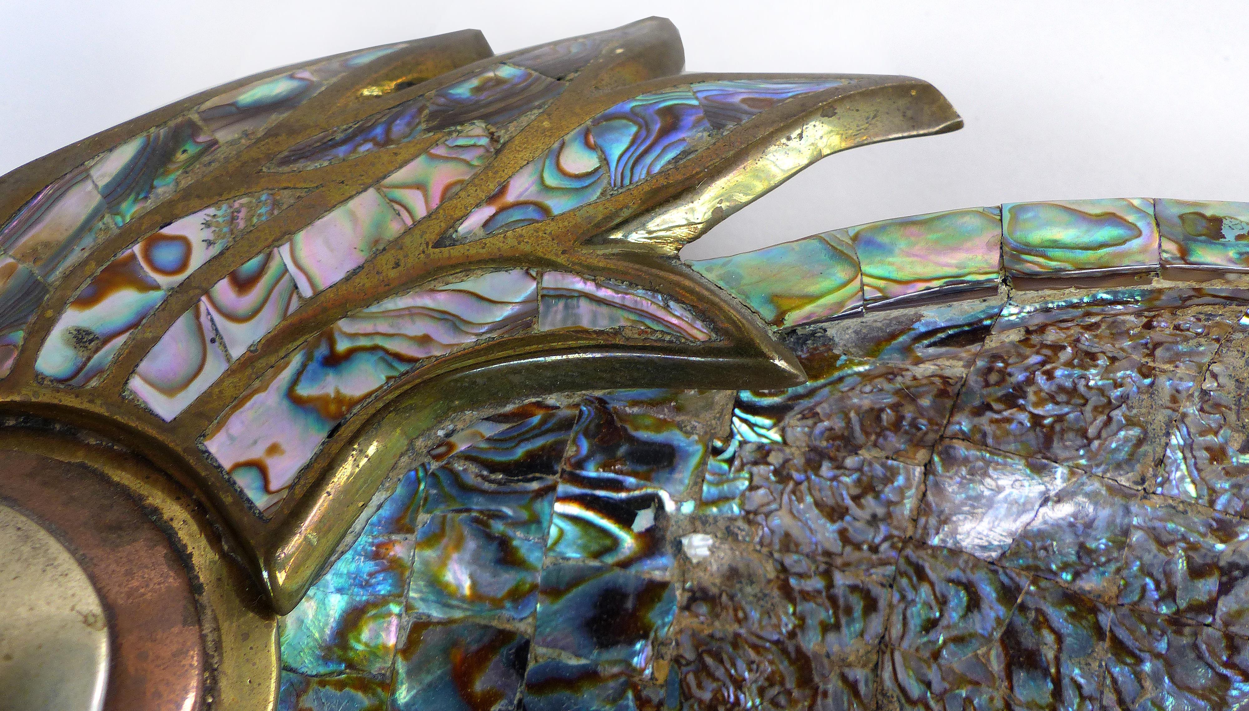 Los Castillo Mexican Mid-Century Modern Mixed Metal and Abalone Parrot Tray In Fair Condition In Miami, FL