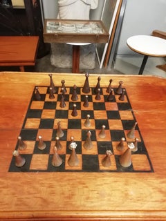 Mexican Mid-Century Modern Set of Bronze Chess Pieces with Walnut Game Table