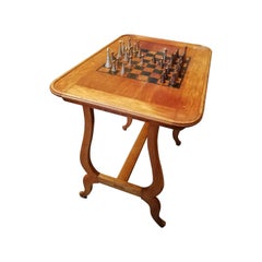 Mexican Mid-Century Modern Set of Bronze Chess Pieces with Walnut Game Table
