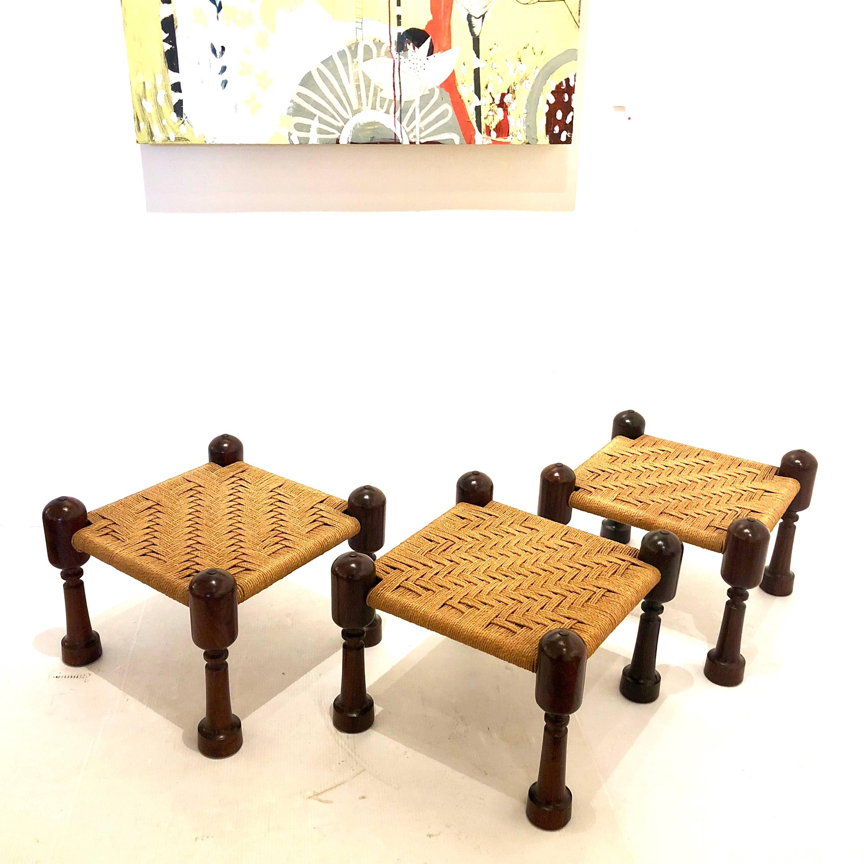 Mexican Mid-Century Modern Set of Three Cocobolo and Rope Seats Low Stools In Excellent Condition In San Diego, CA