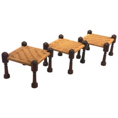 Mexican Mid-Century Modern Set of Three Cocobolo and Rope Seats Low Stools