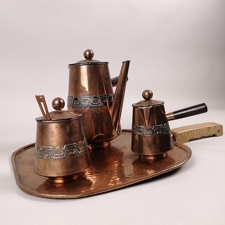 Appliqué Mexican Mid-Century Modern Victoria De Taxco Copper and Silver Plate Coffee Set For Sale