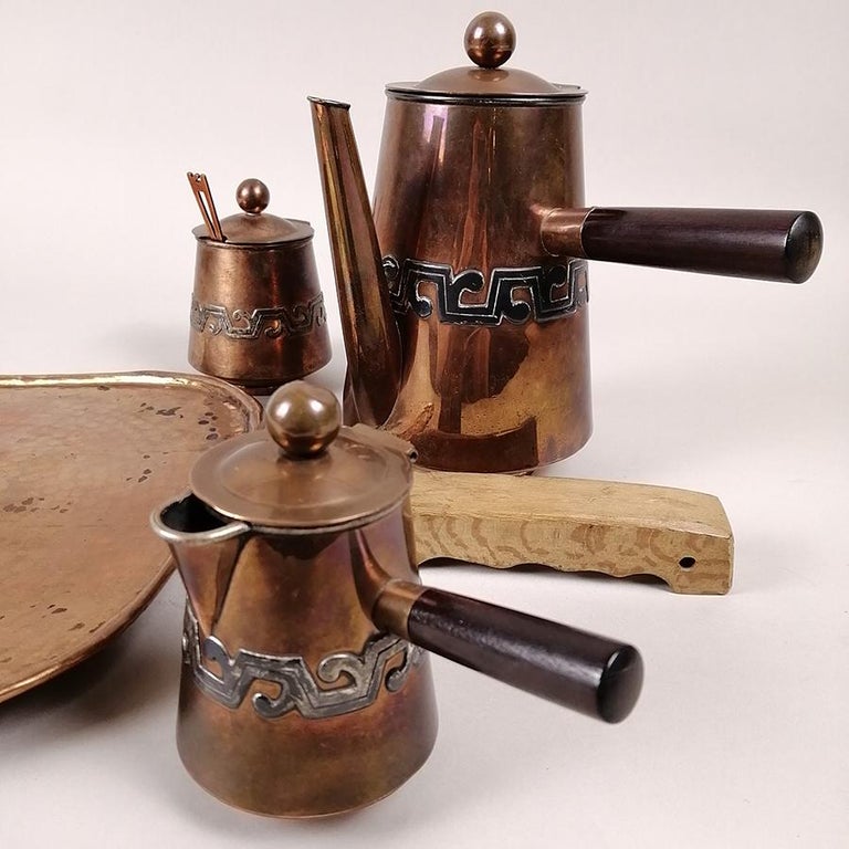 Mid-20th Century Mexican Mid-Century Modern Victoria De Taxco Copper and Silver Plate Coffee Set For Sale