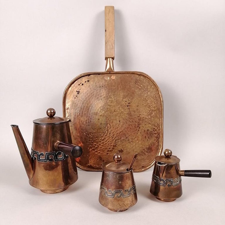 Wood Mexican Mid-Century Modern Victoria De Taxco Copper and Silver Plate Coffee Set For Sale