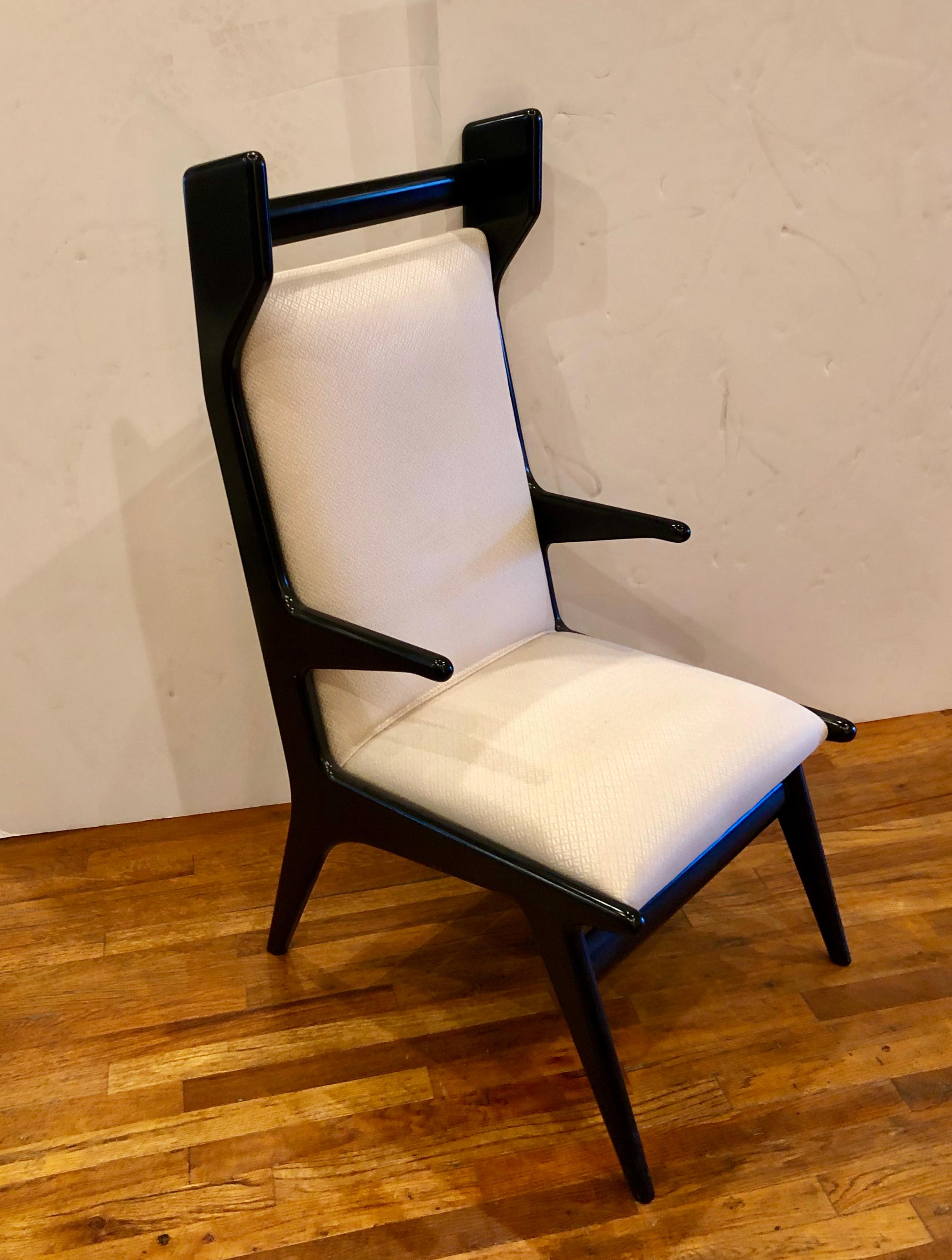 Great pair of black lacquer and solid mahogany frame tall back chairs circa 1970s, new cream color fabric, incredible look great condition totally restored.