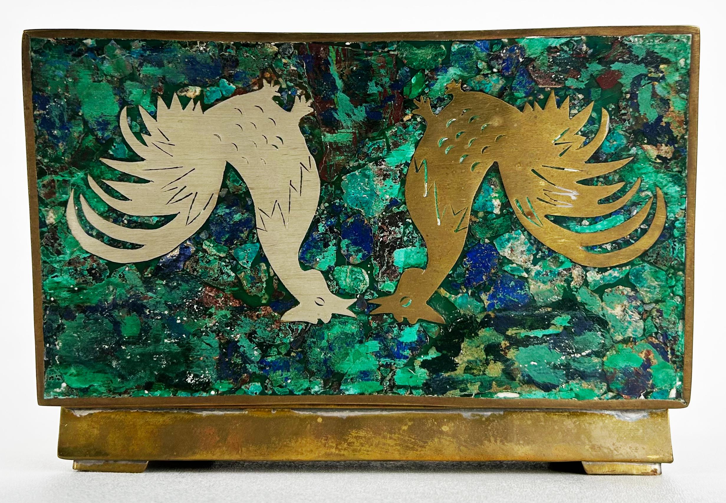 Inlay Mexican Mid-century Roosters Box, Salvador Teran Los Castillo Attributed For Sale