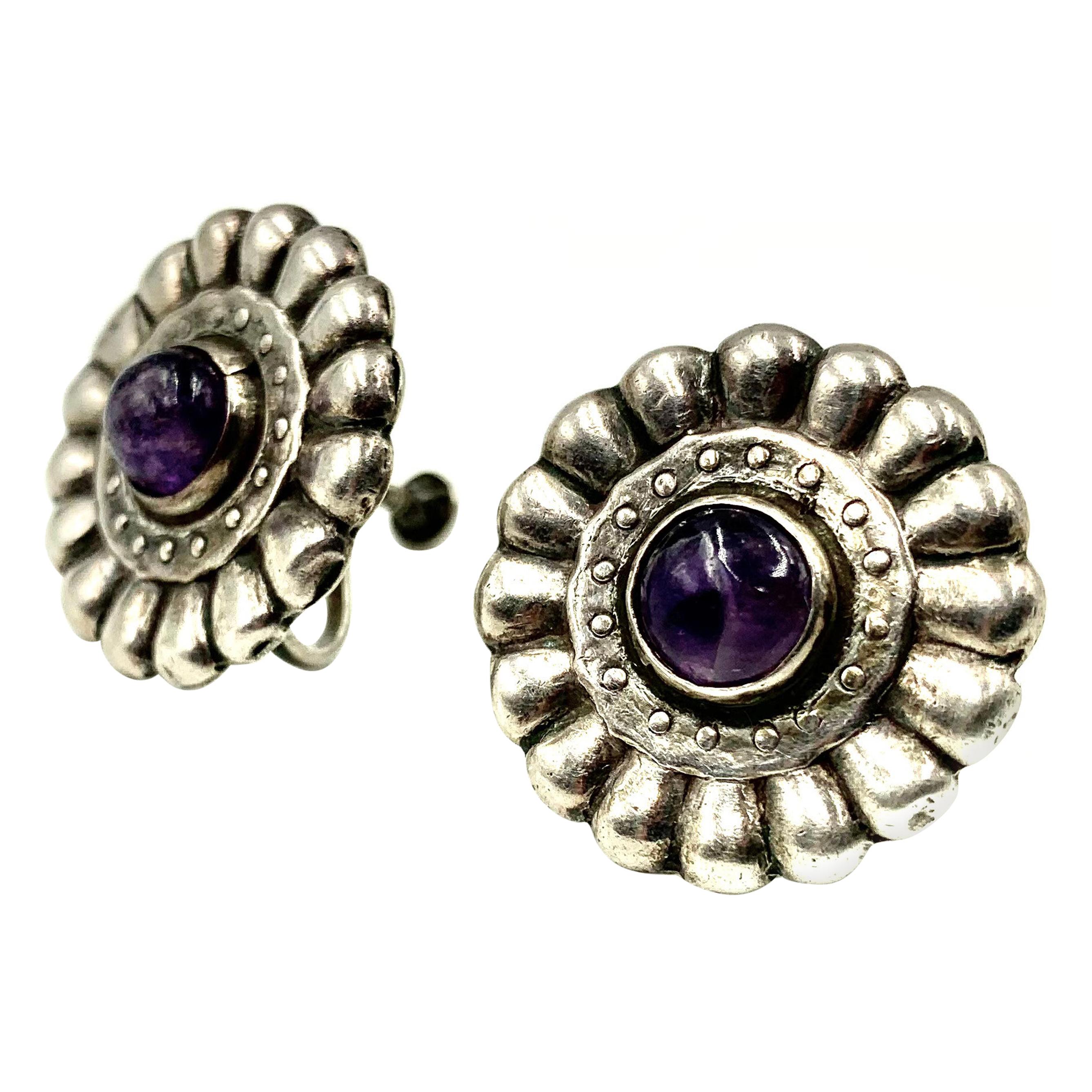 Mexican Mid-Century Walter Lampl Amethyst Sterling Silver Flower Form Earrings For Sale