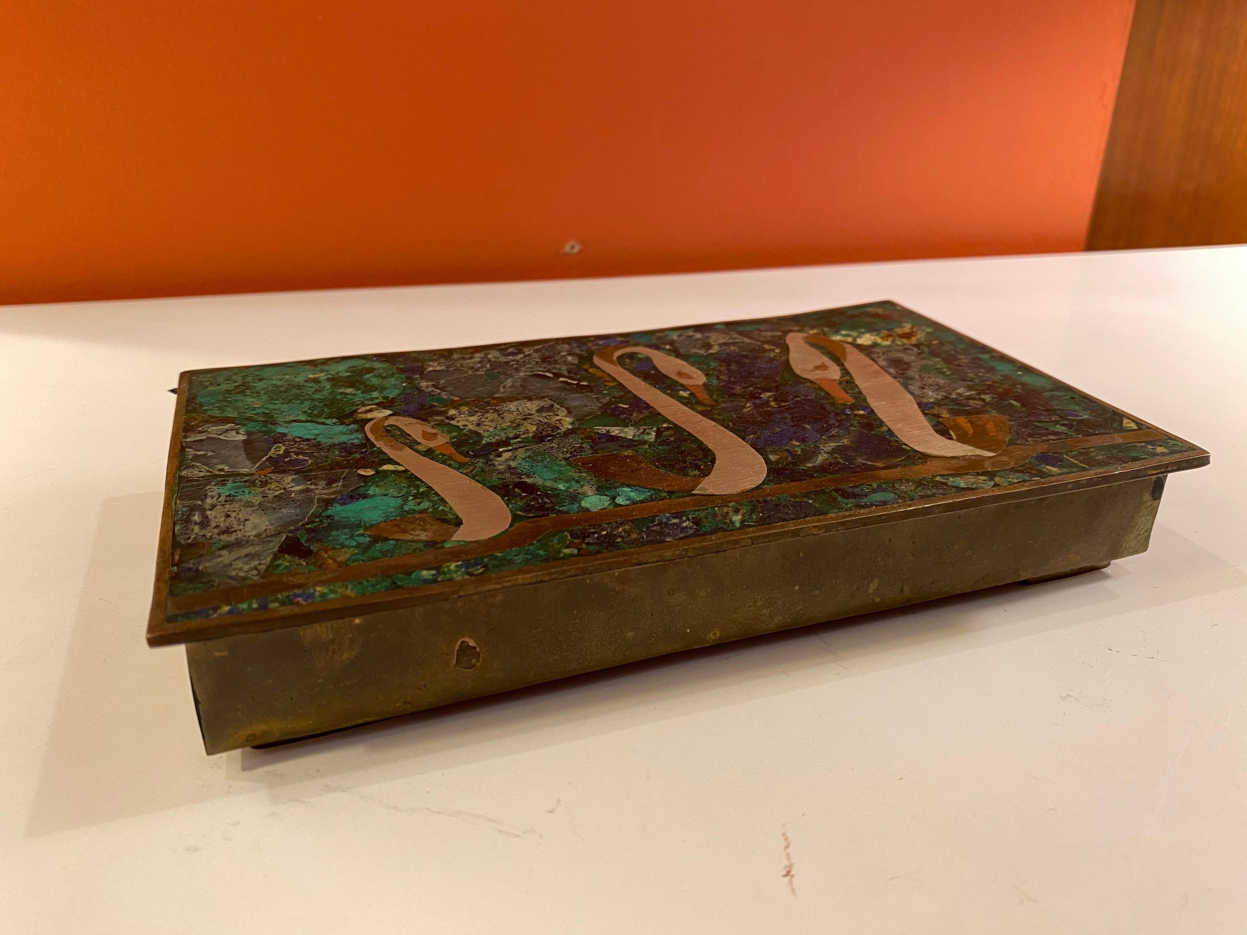 Mexican Mixed Metal and Stone Lidded Box In Good Condition In Philadelphia, PA