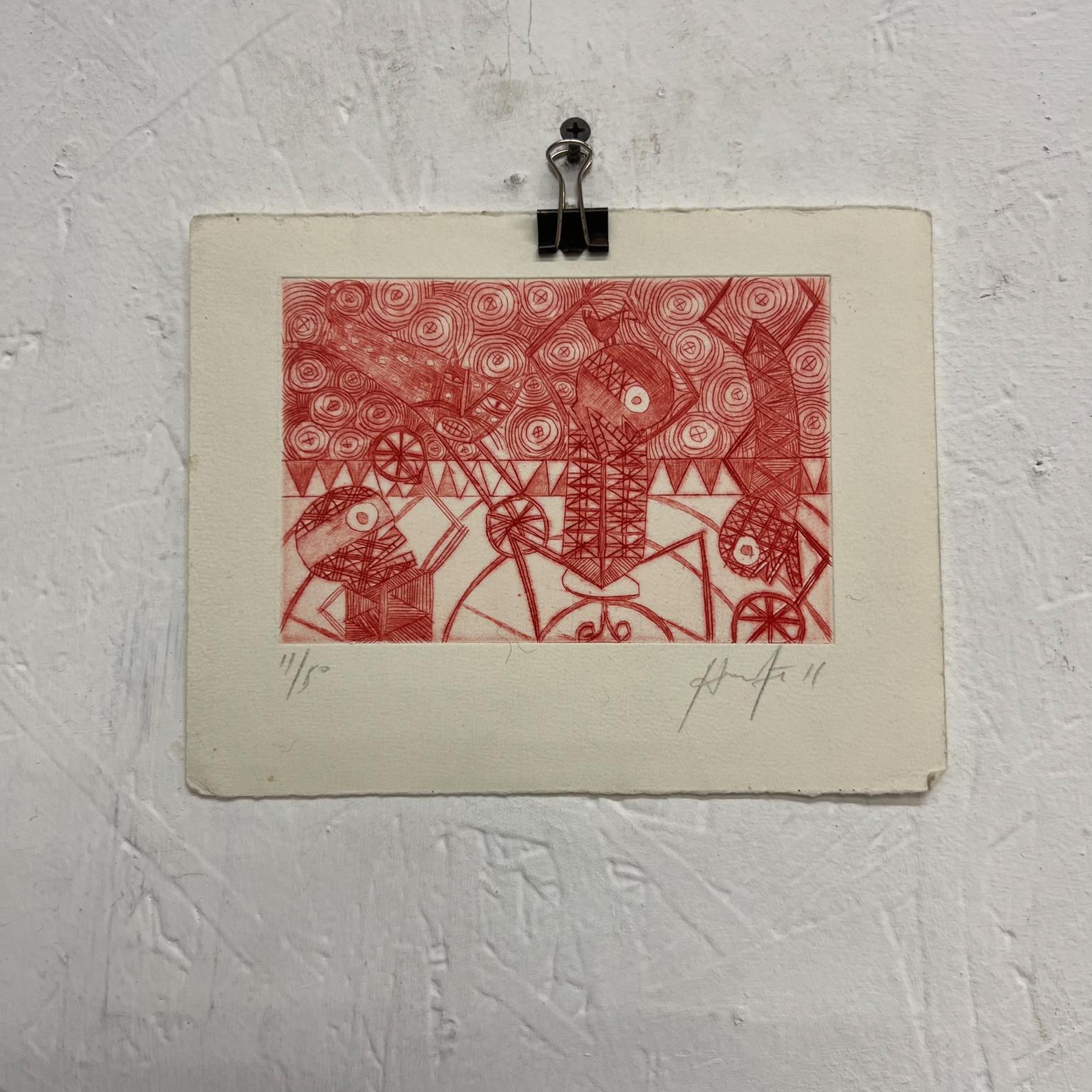 Mexican Modern original Art Oaxaca Artist 11/50 red and white drawing 5
Signed numbered Woodblock Print.
7.75 x 6 x Art 5.85 x 3.75
Preowned vintage art unrestored condition.
See all images please.
 


 