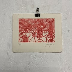 Mexican Modern Art Woodblock Print 11/50 Red Drawing 5 Oaxaca, Mexico