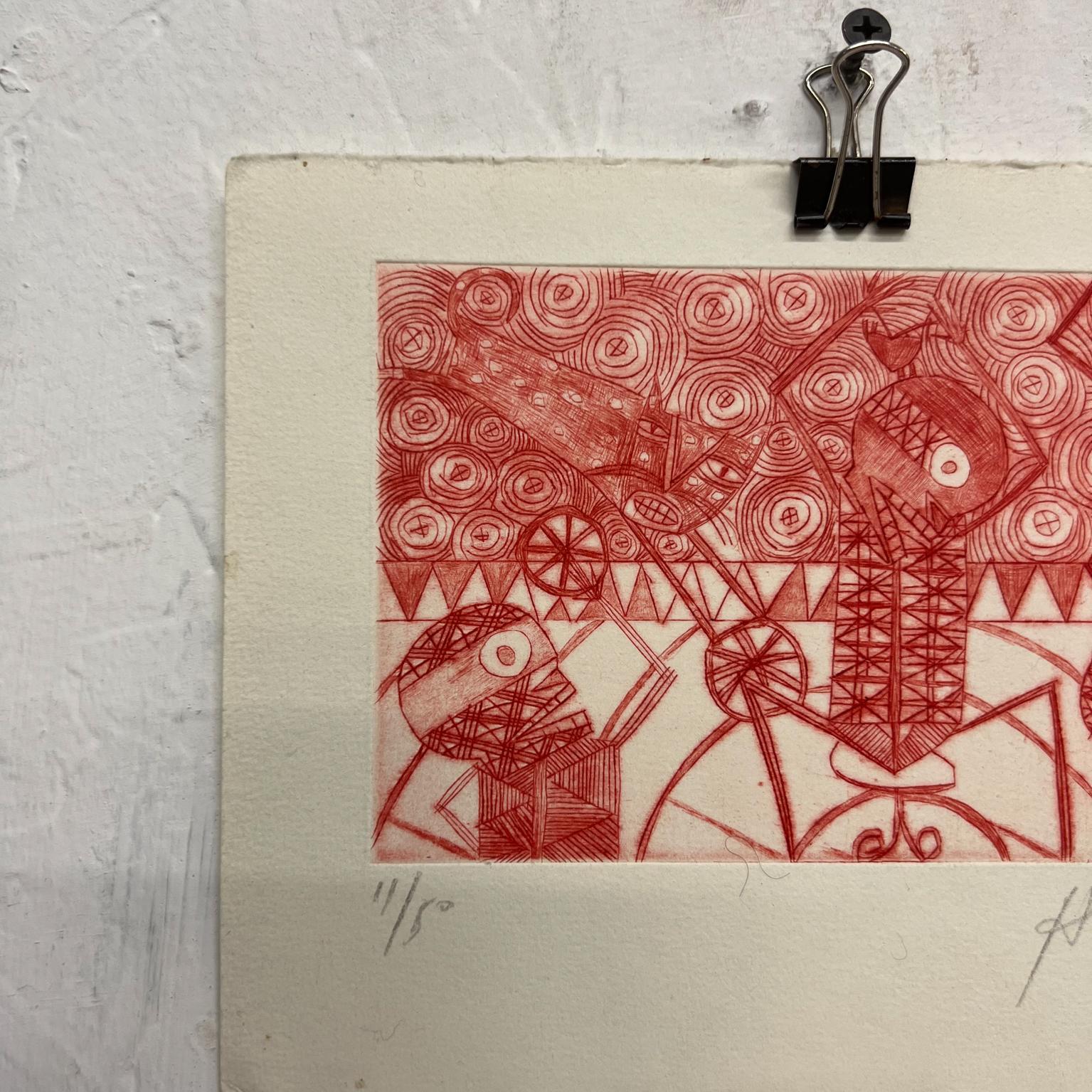 Mexican Modern Art Woodblock Print 11/50 Red Drawing 5 Oaxaca, Mexico In Good Condition For Sale In Chula Vista, CA