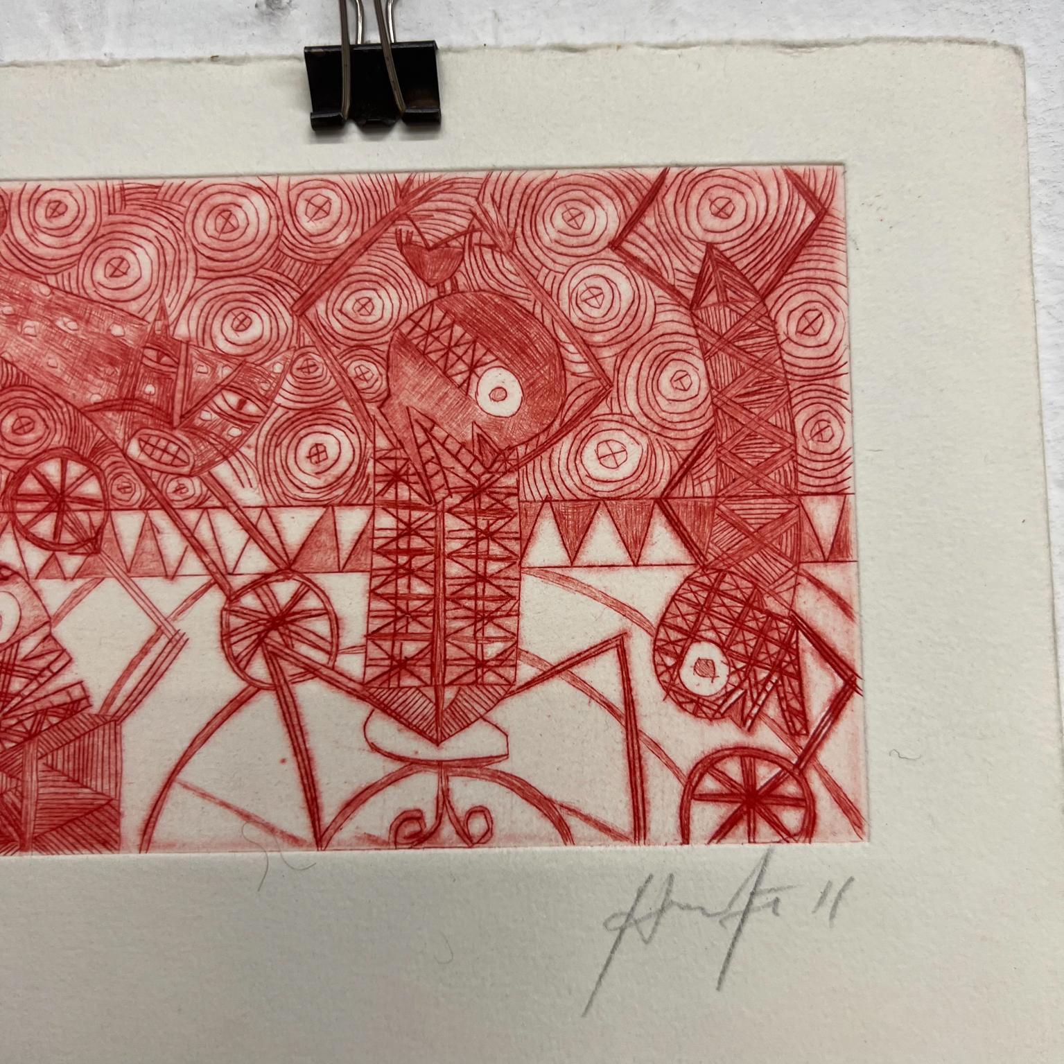 Late 20th Century Mexican Modern Art Woodblock Print 11/50 Red Drawing 5 Oaxaca, Mexico For Sale