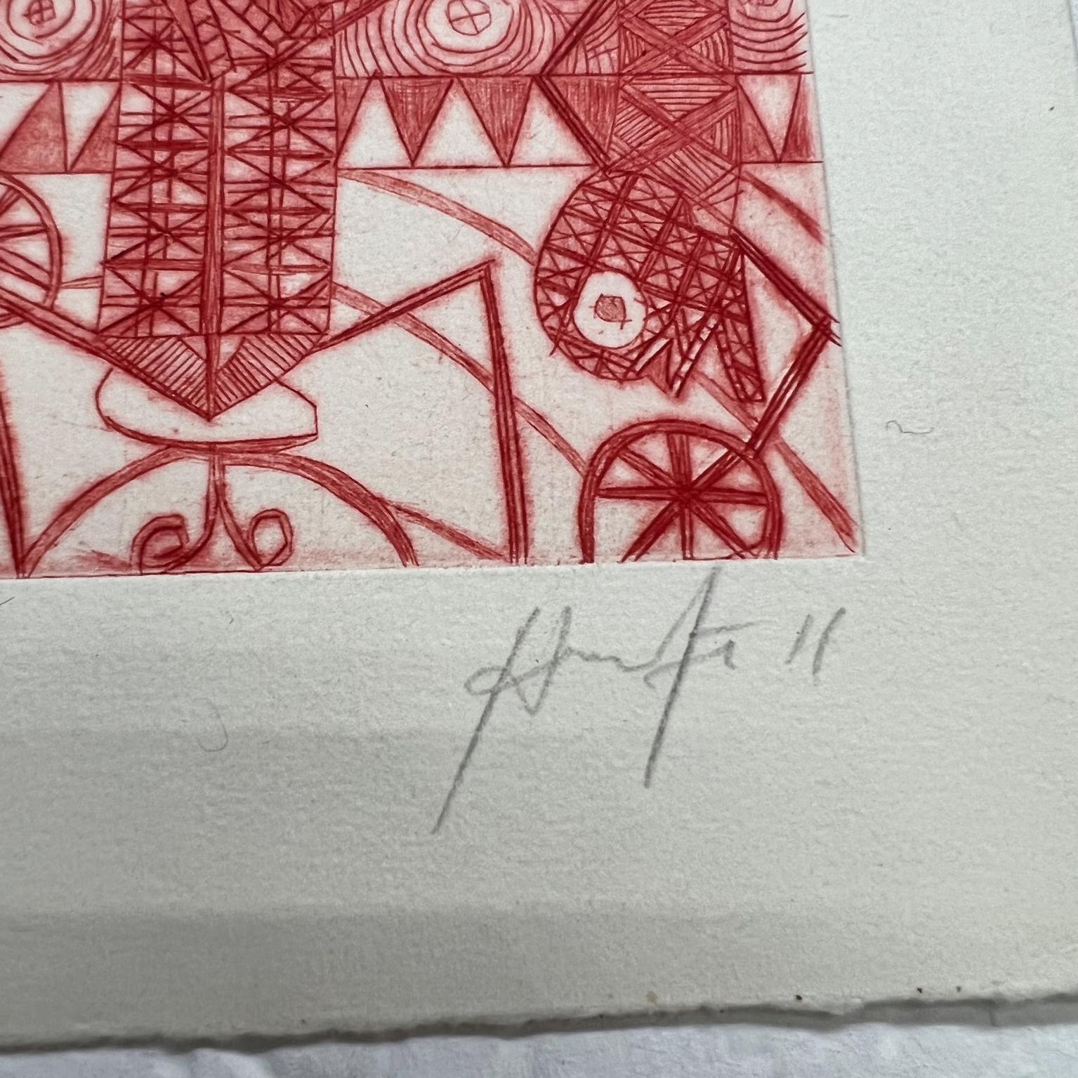 Fin du 20e siècle Art moderne mexicain imprimé sur bois rouge 11/50 Drawing 5 Oaxaca, Mexique en vente